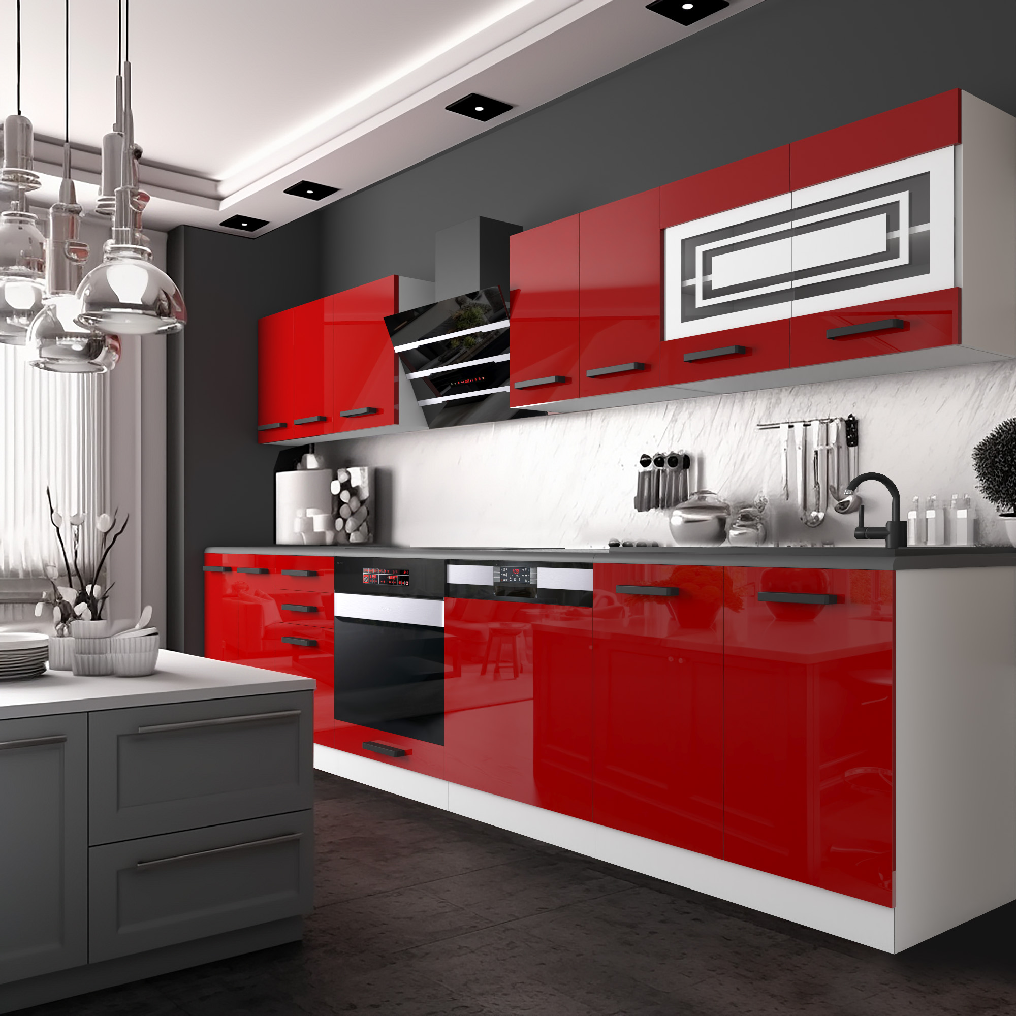Cucina con mobili rossi lucidi e dettagli neri