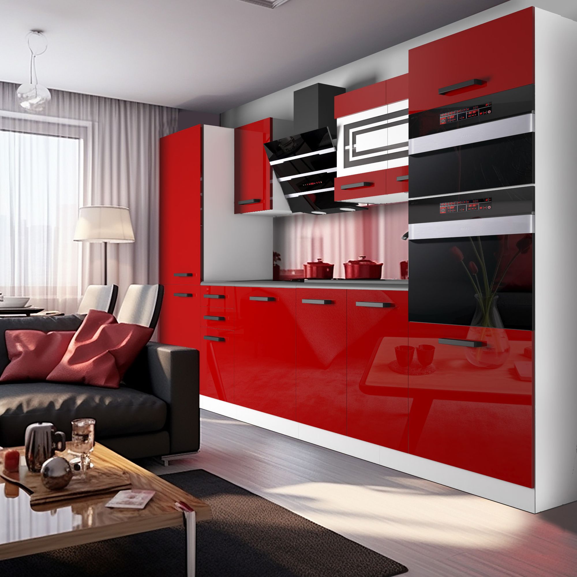 Cucina open space rossa con mobili e sedute moderne