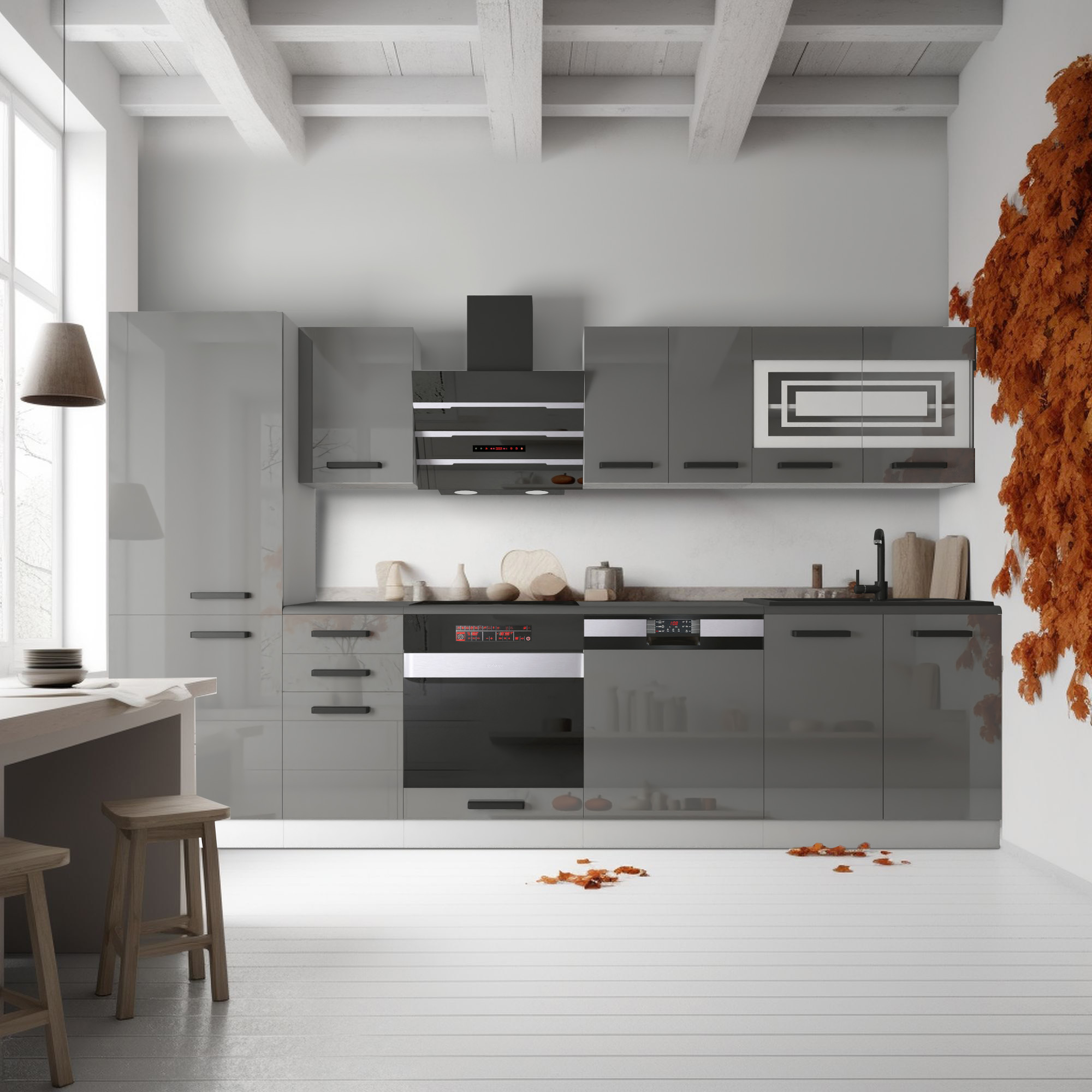 Cucina con armadi eleganti e dettagli naturali