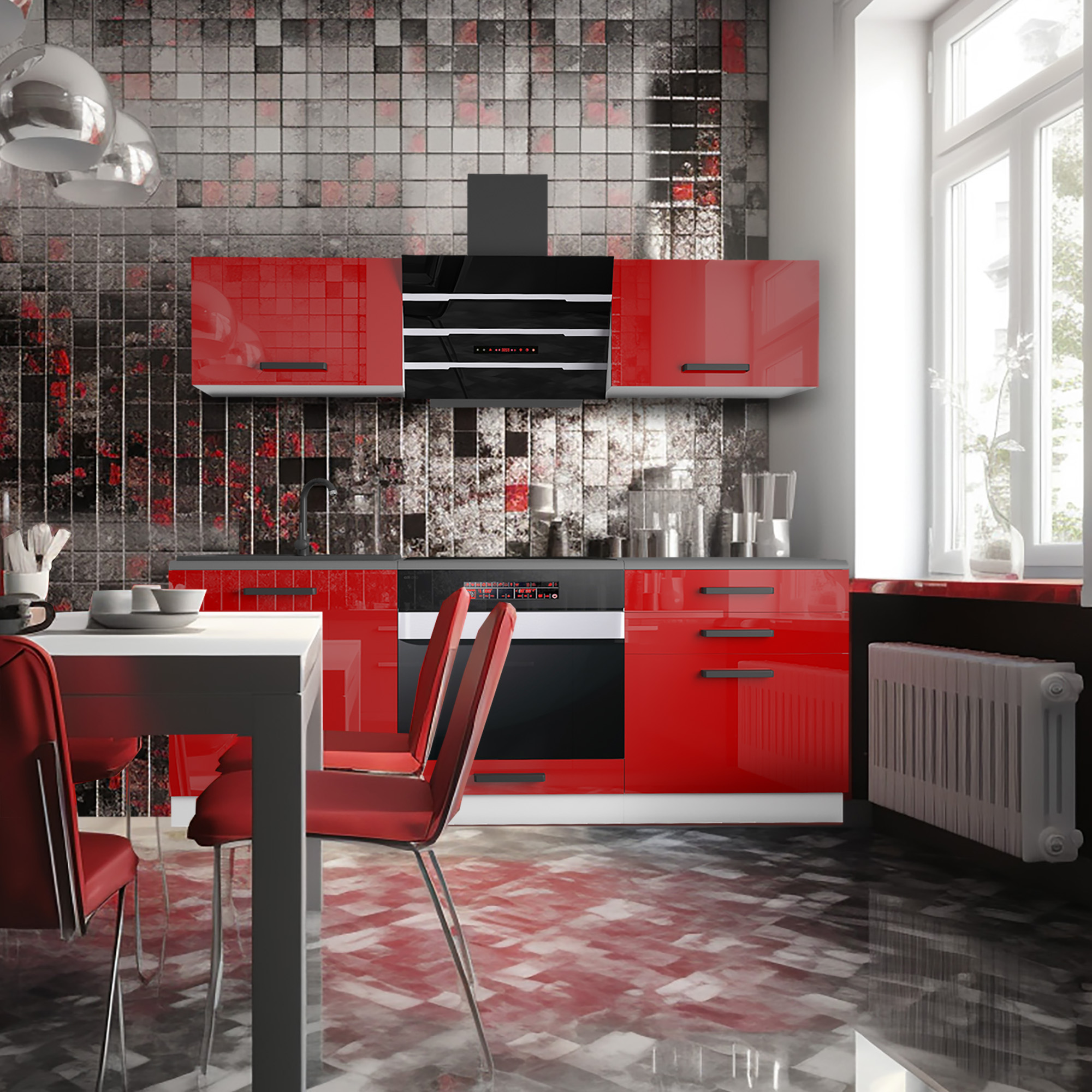 Cucina moderna con piastrelle a specchio e mobili rossi