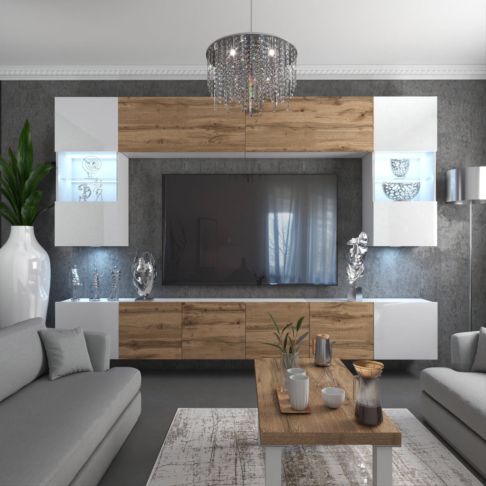 Salotto accogliente con arredi in legno e decorazioni eleganti