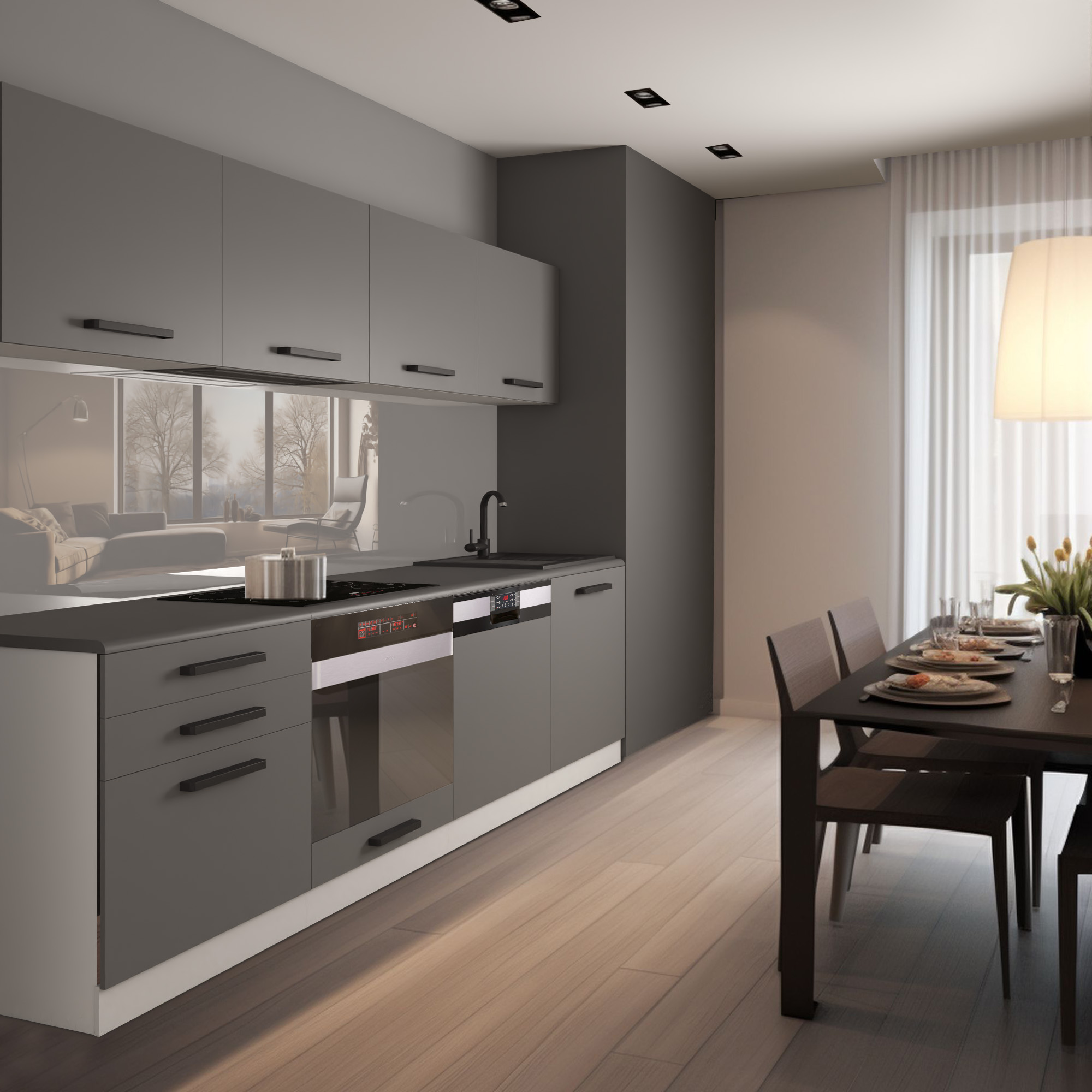 Cucina con tavolo scuro e mobili grigi