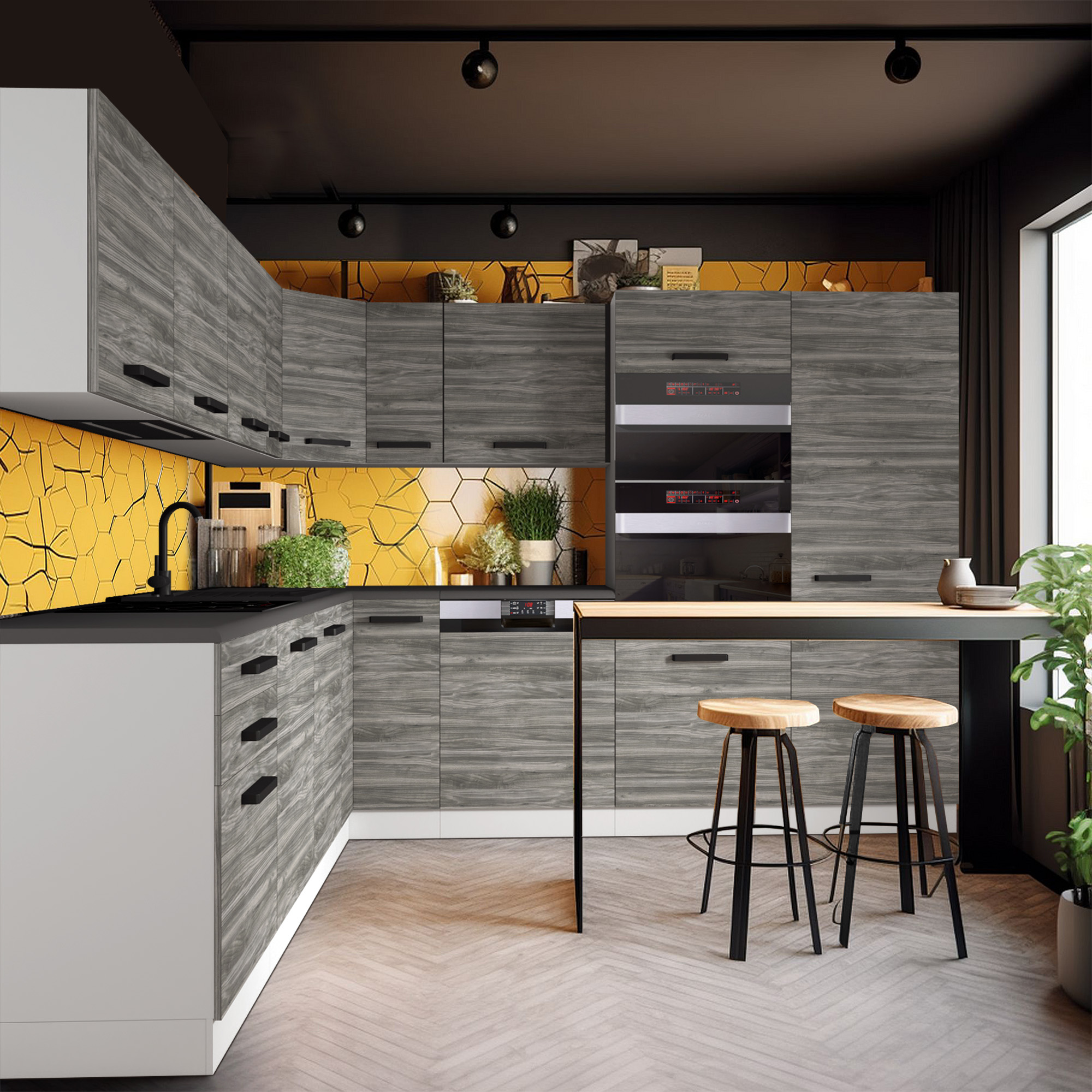 Cucina moderna con dettagli in legno e accenti dorati
