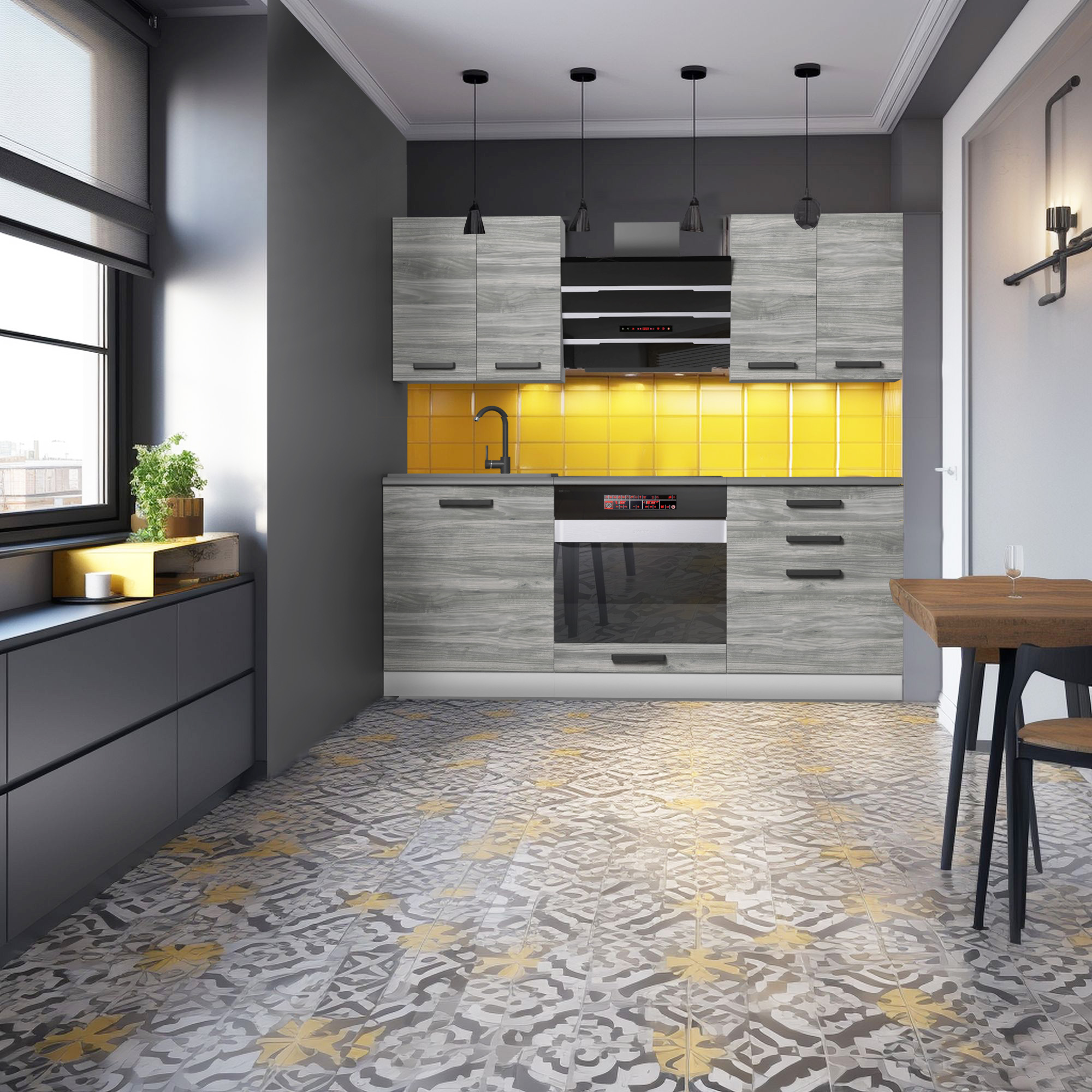 Cucina con mobili in legno chiaro e piastrelle gialle