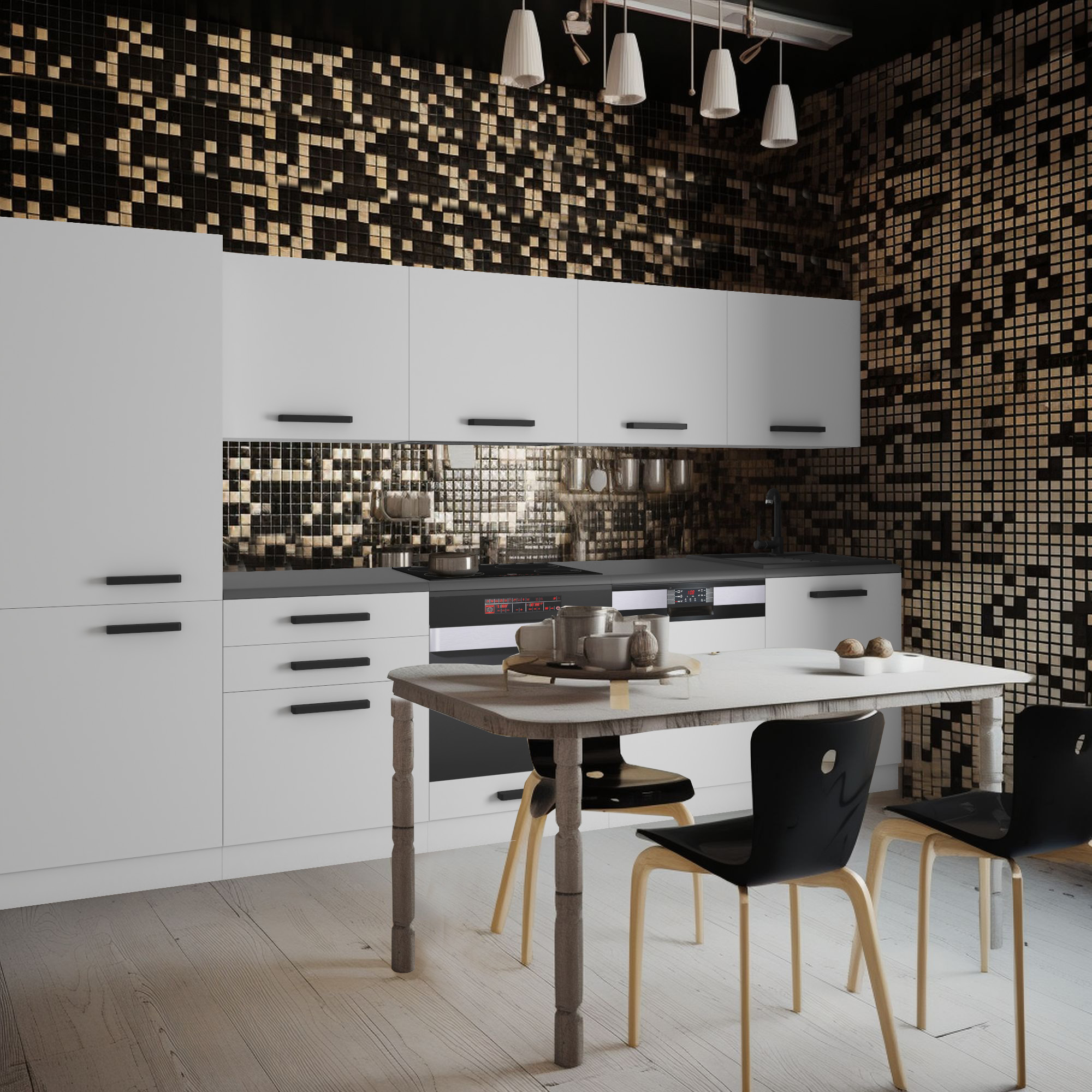 Cucina con piastrelle dorate e mobili bianchi