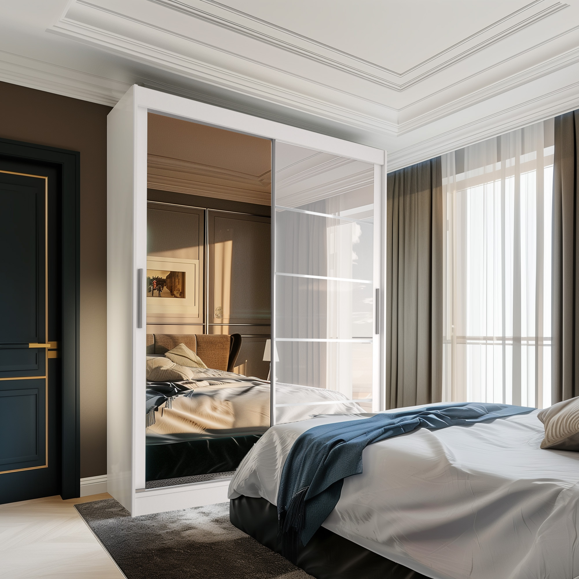Camera da letto con armadio a specchio e letto accogliente