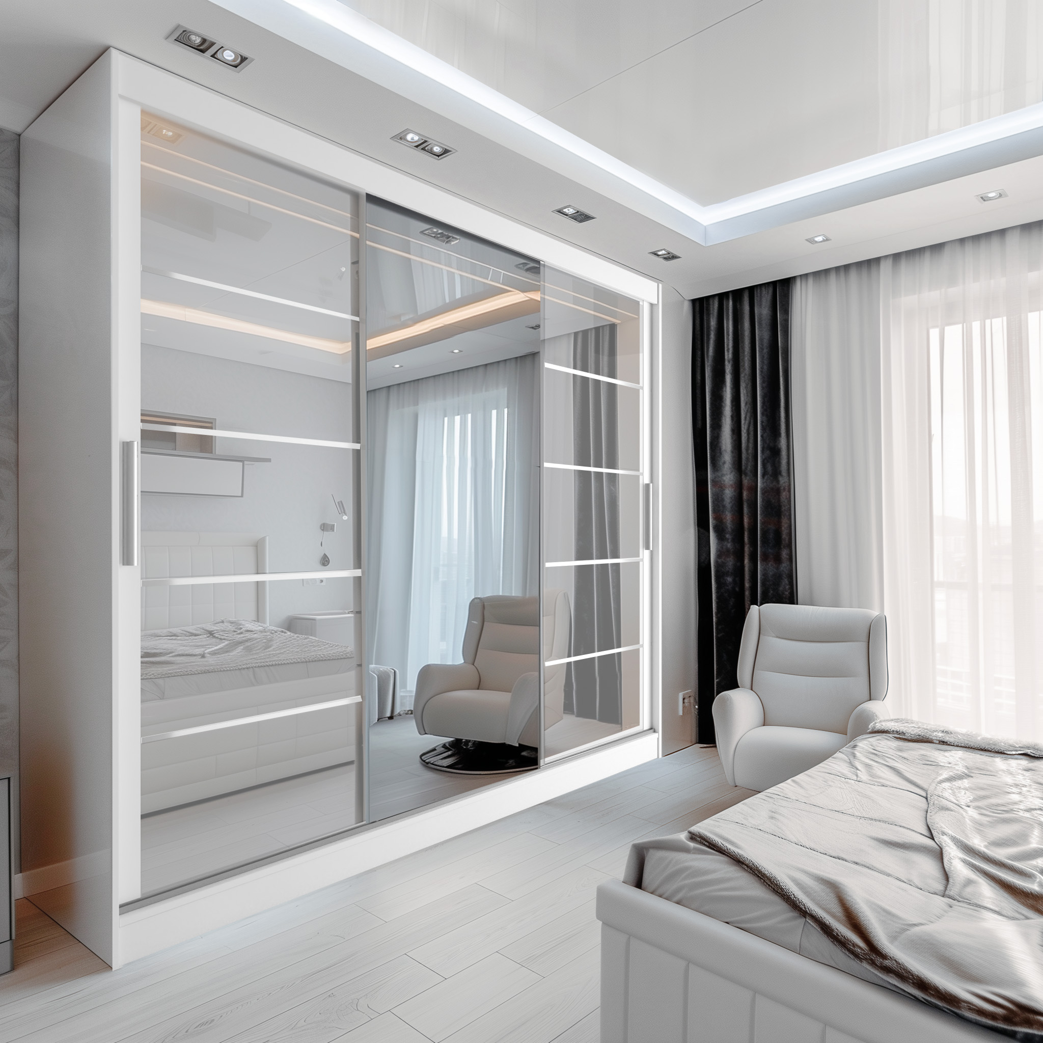 Camera da letto con specchio e dettagli luminosi