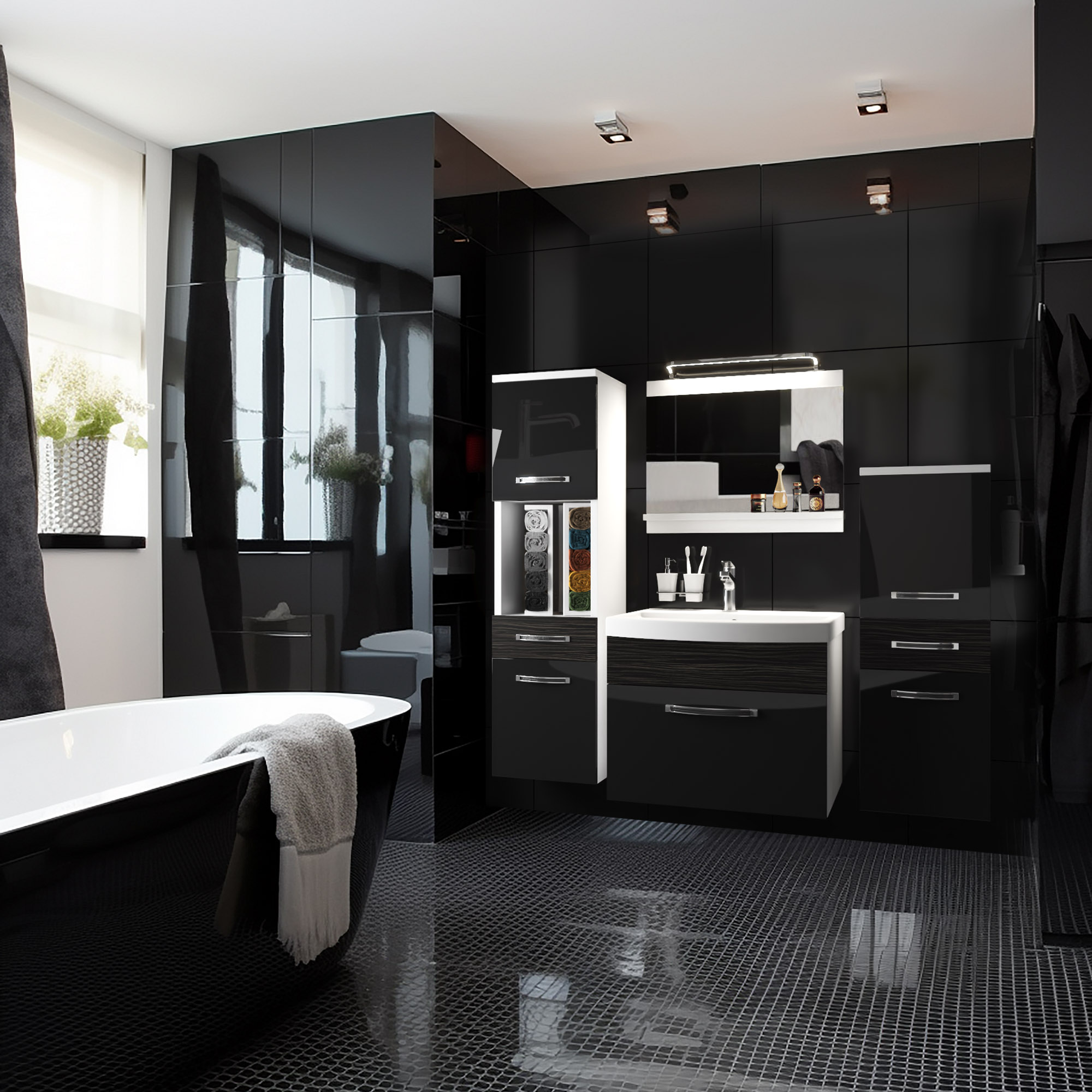 Bagno con mobili laccati neri e bianchi
