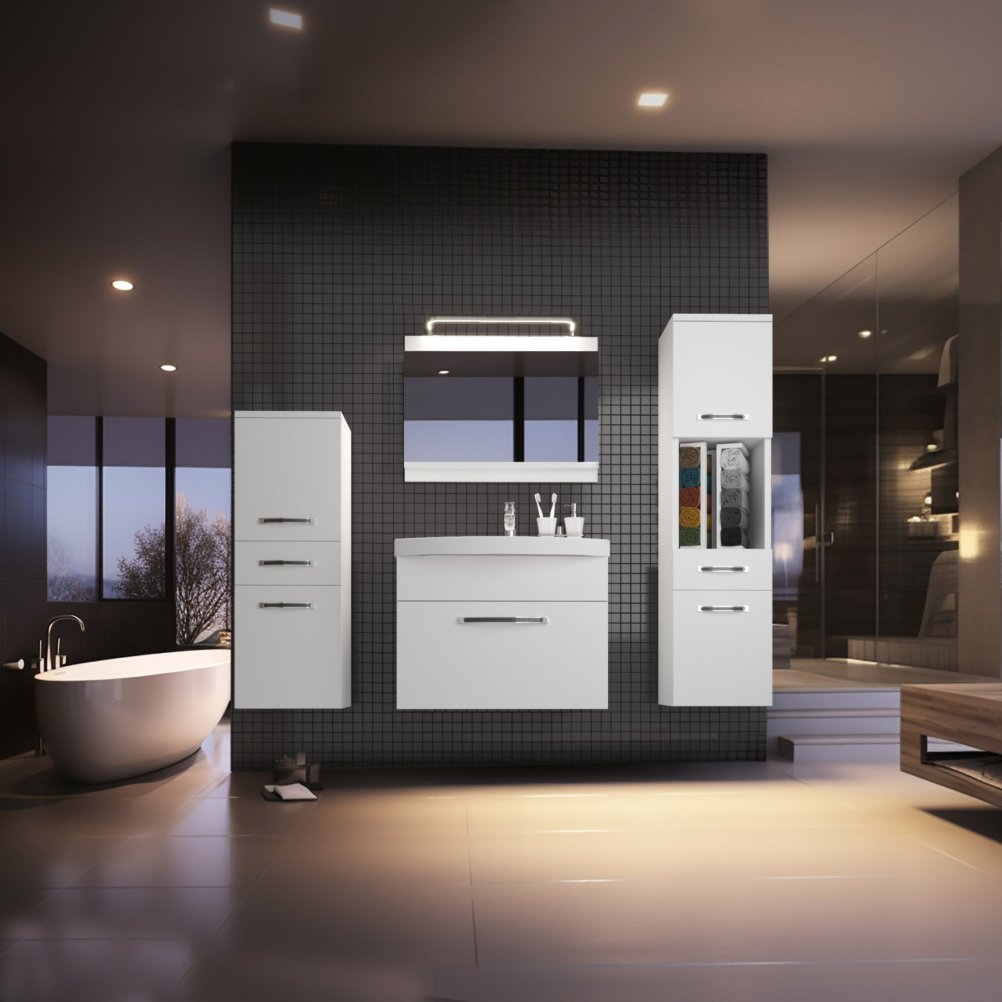 Bagno moderno con mobili bianchi e vasca freestanding