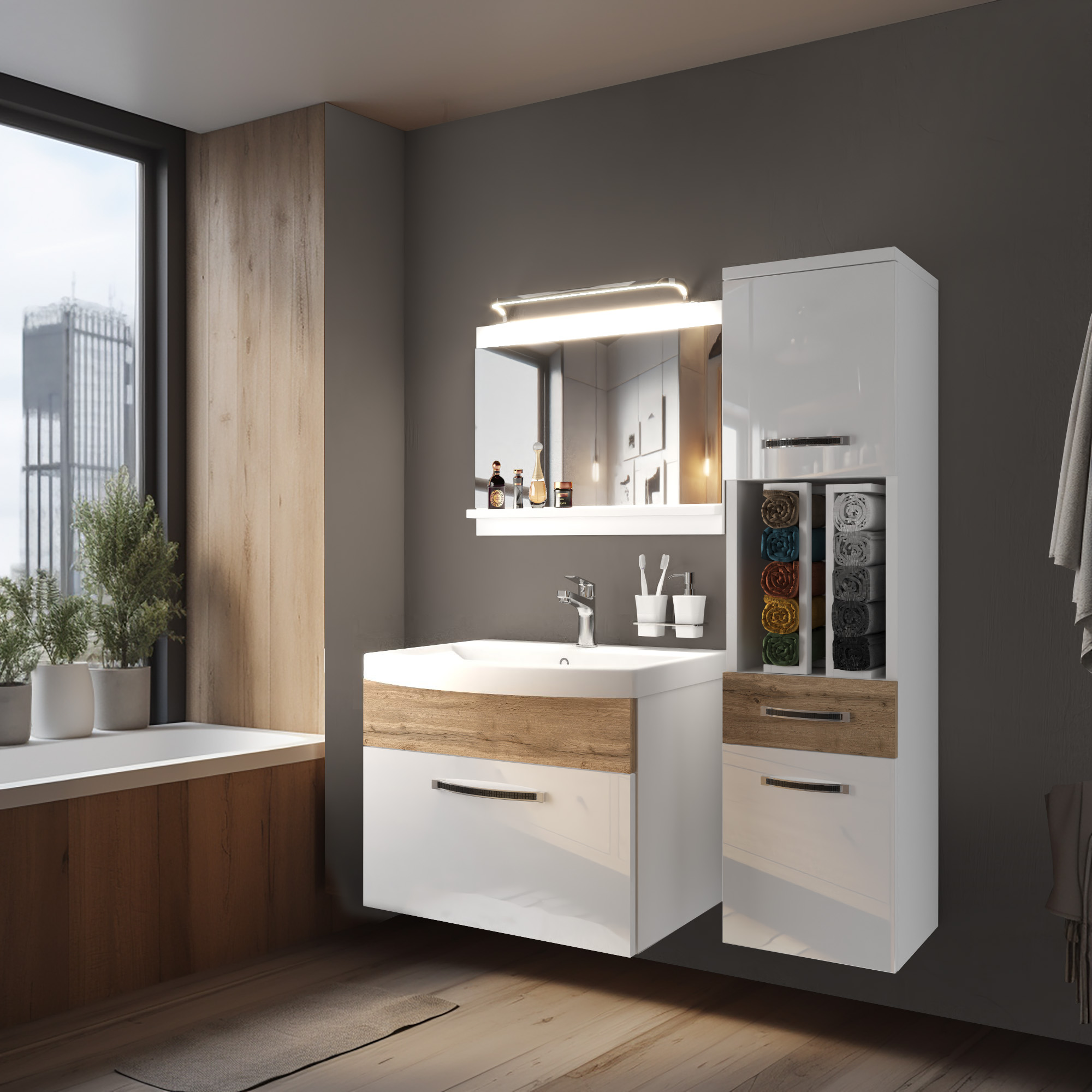 Bagno elegante con finiture in legno e luce naturale