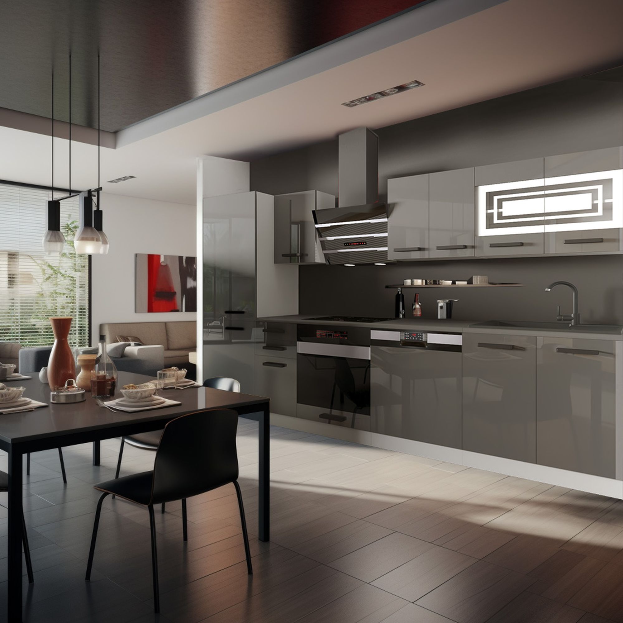 Cucina moderna con tavolo da pranzo e armadi lucidi