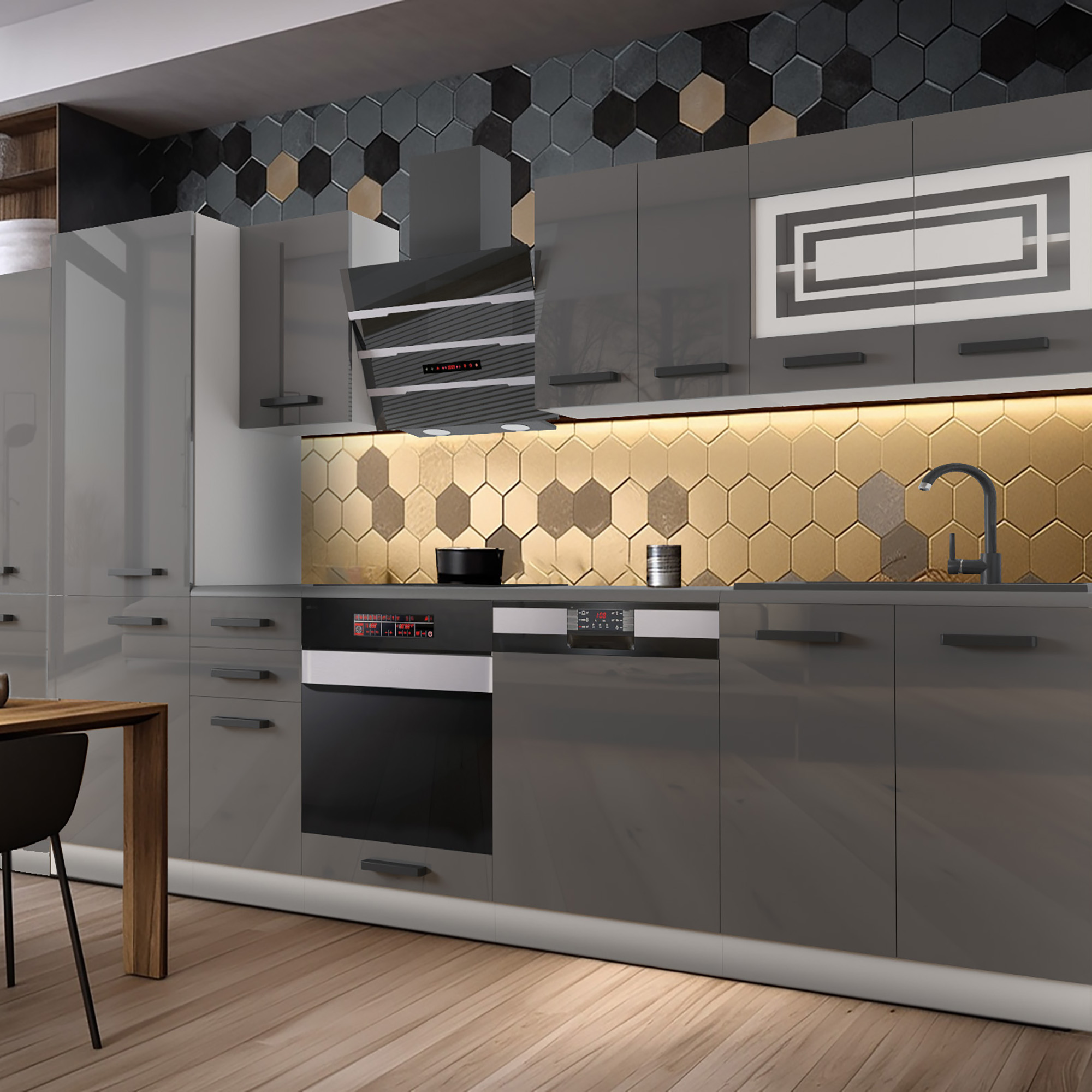 Interno di cucina con piastrelle esagonali e mobili grigi