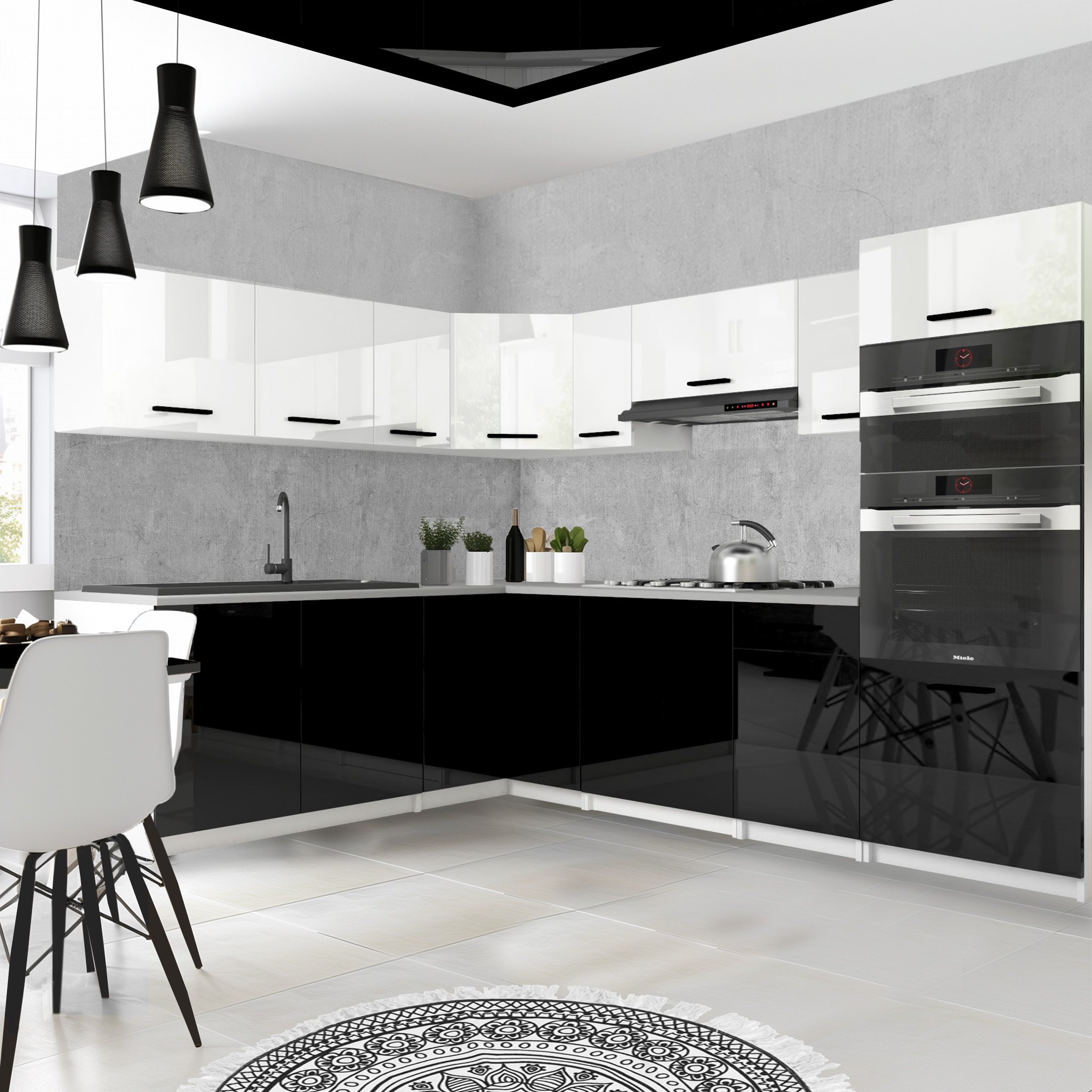 Cucina moderna con superfici nere e bianche
