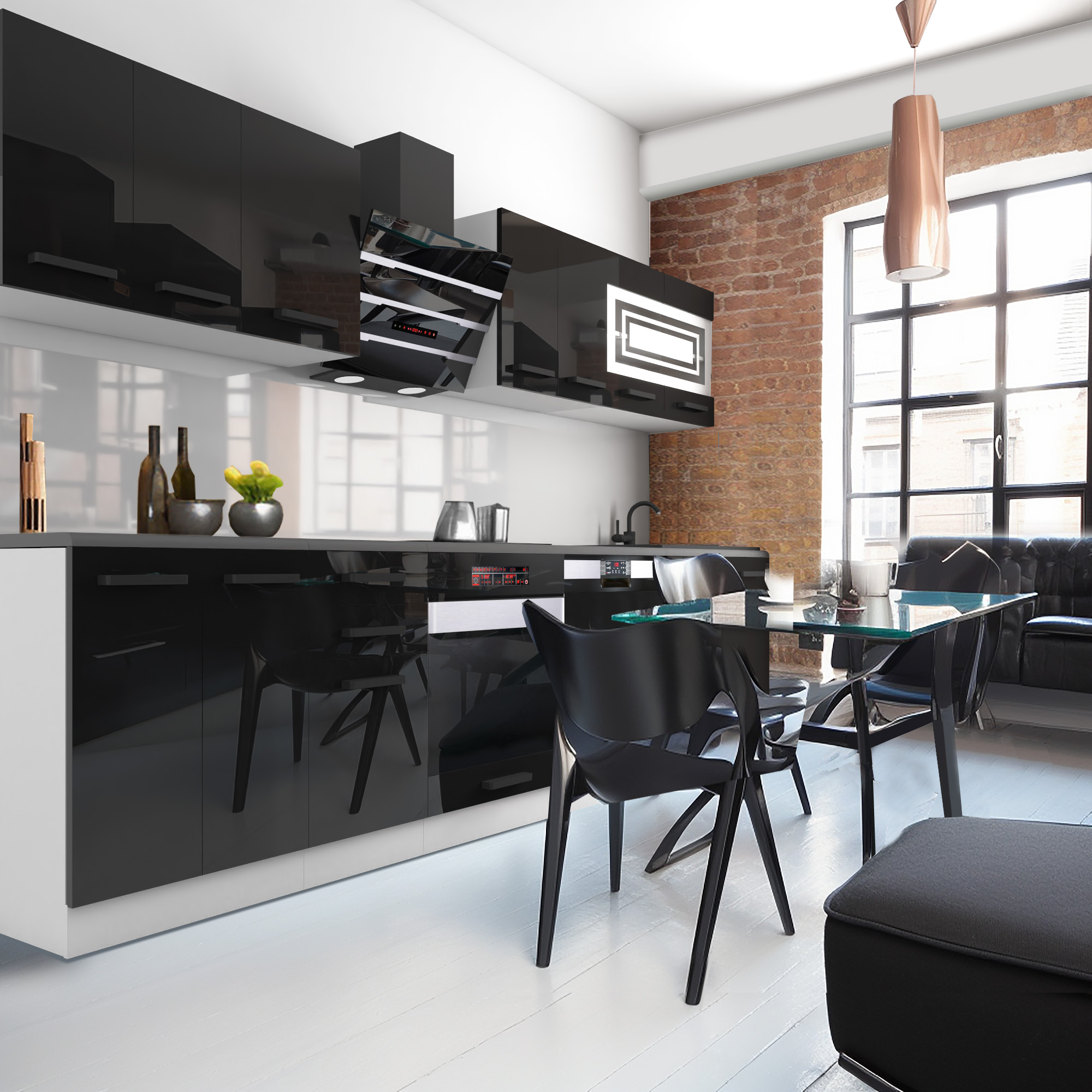 Cucina moderna con mobili neri e mattoni a vista