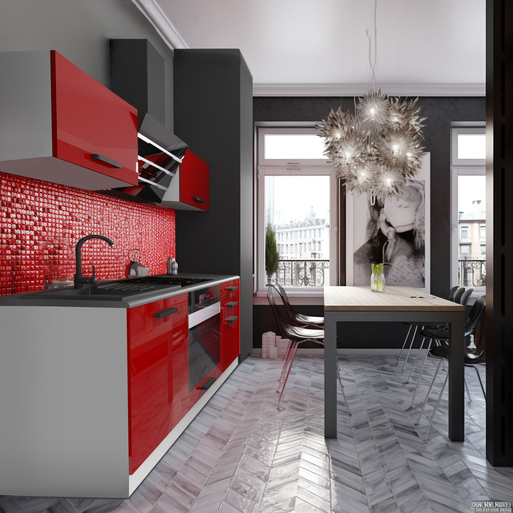 Cucina con dettagli rossi e tavolo centrale