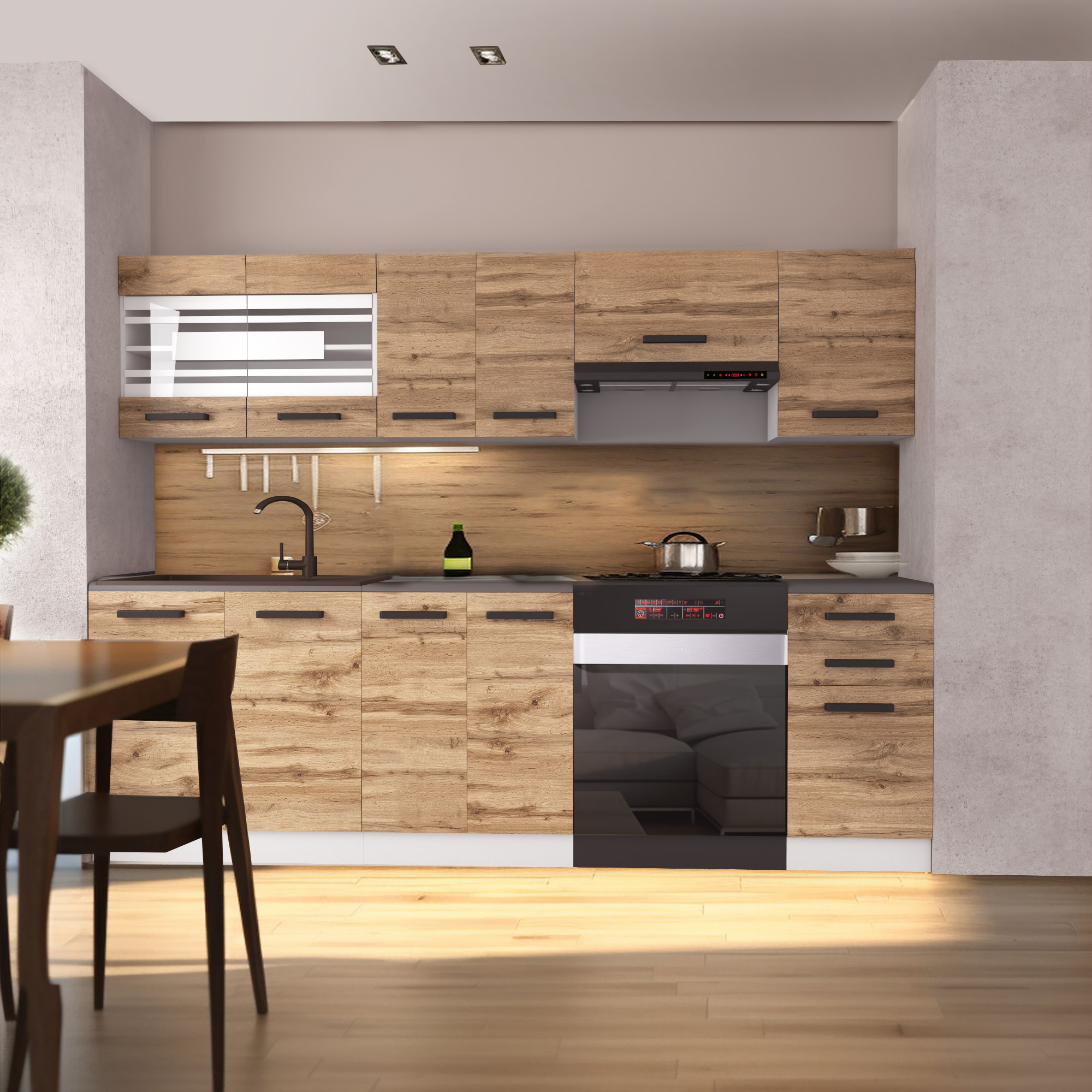 Cucina con armadietti in legno di rovere e piano di lavoro