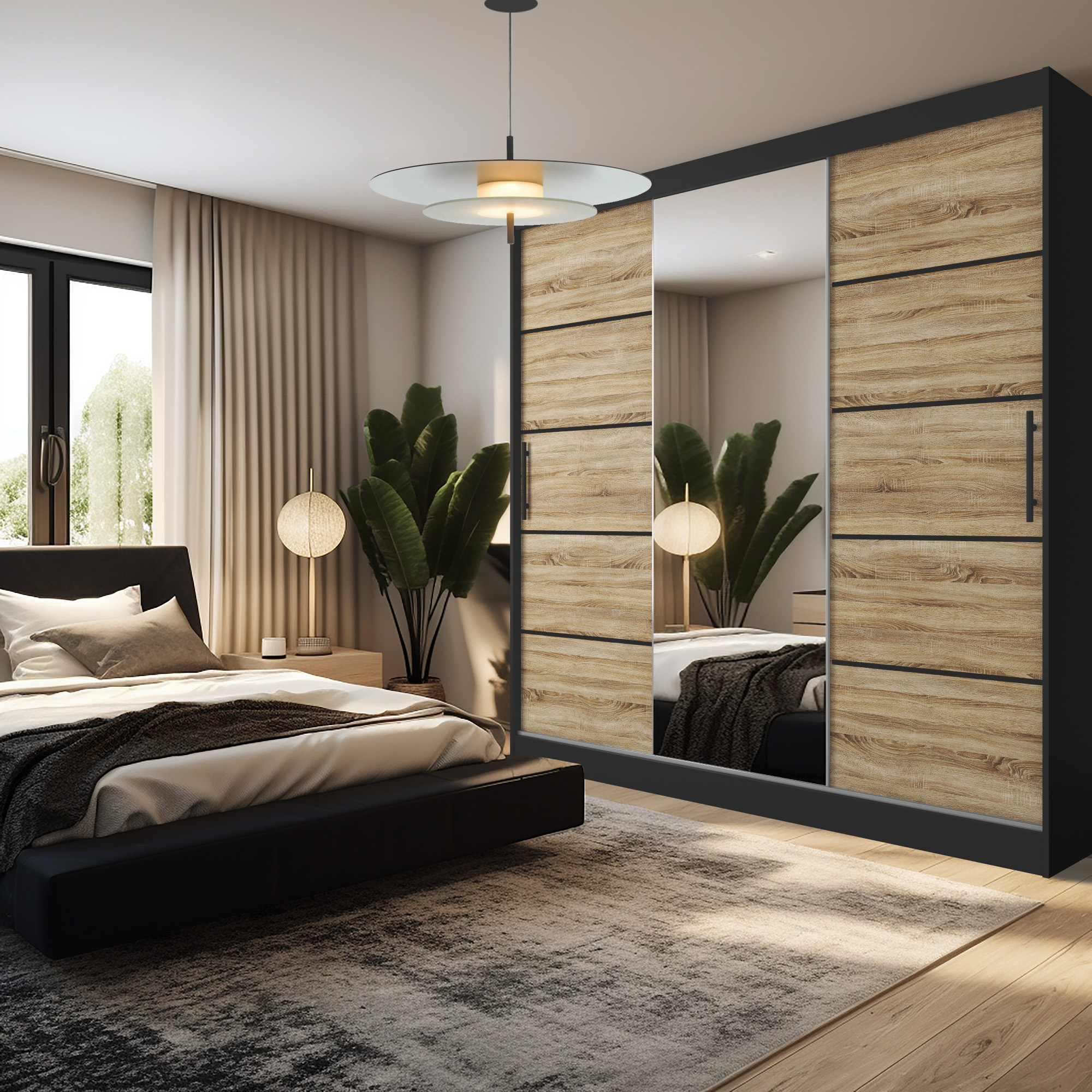 Camera da letto con armadio e lampada moderna