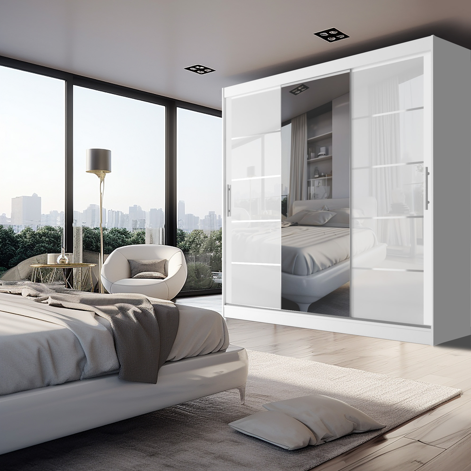Camera da letto moderna con viste sulla città