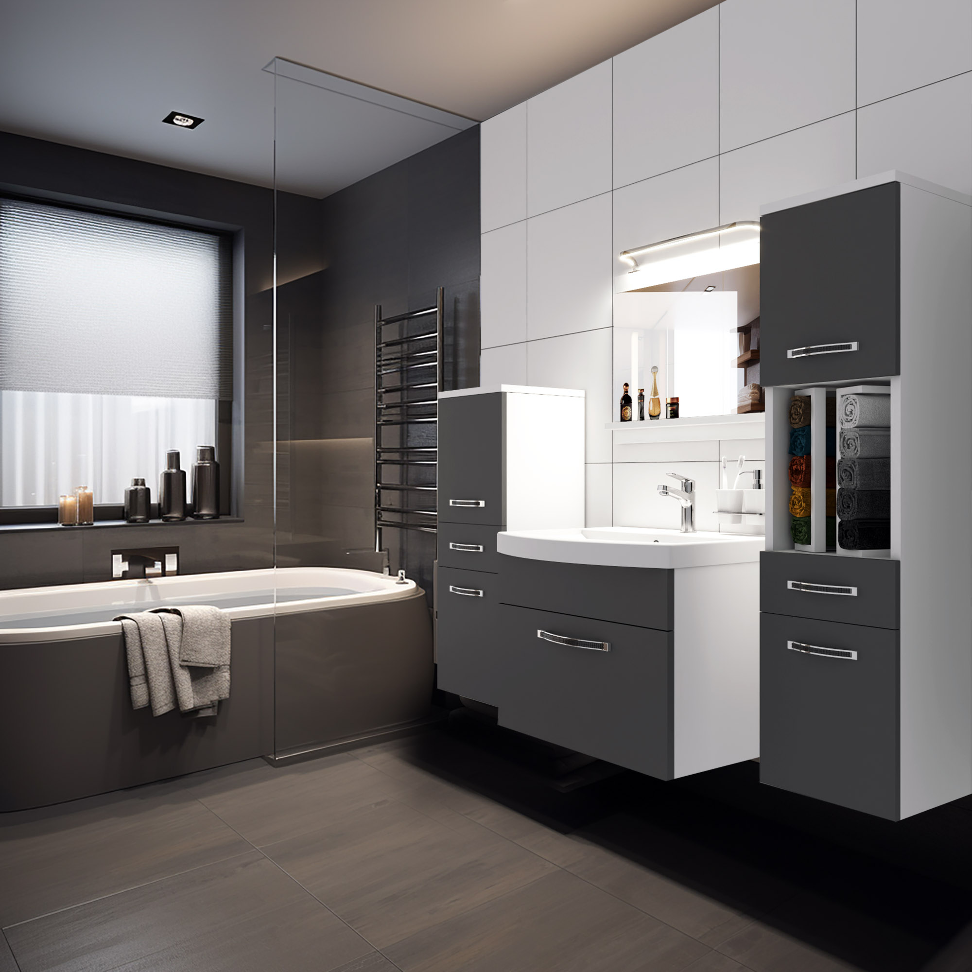 Bagno con mobili cromati e dettagli funzionali