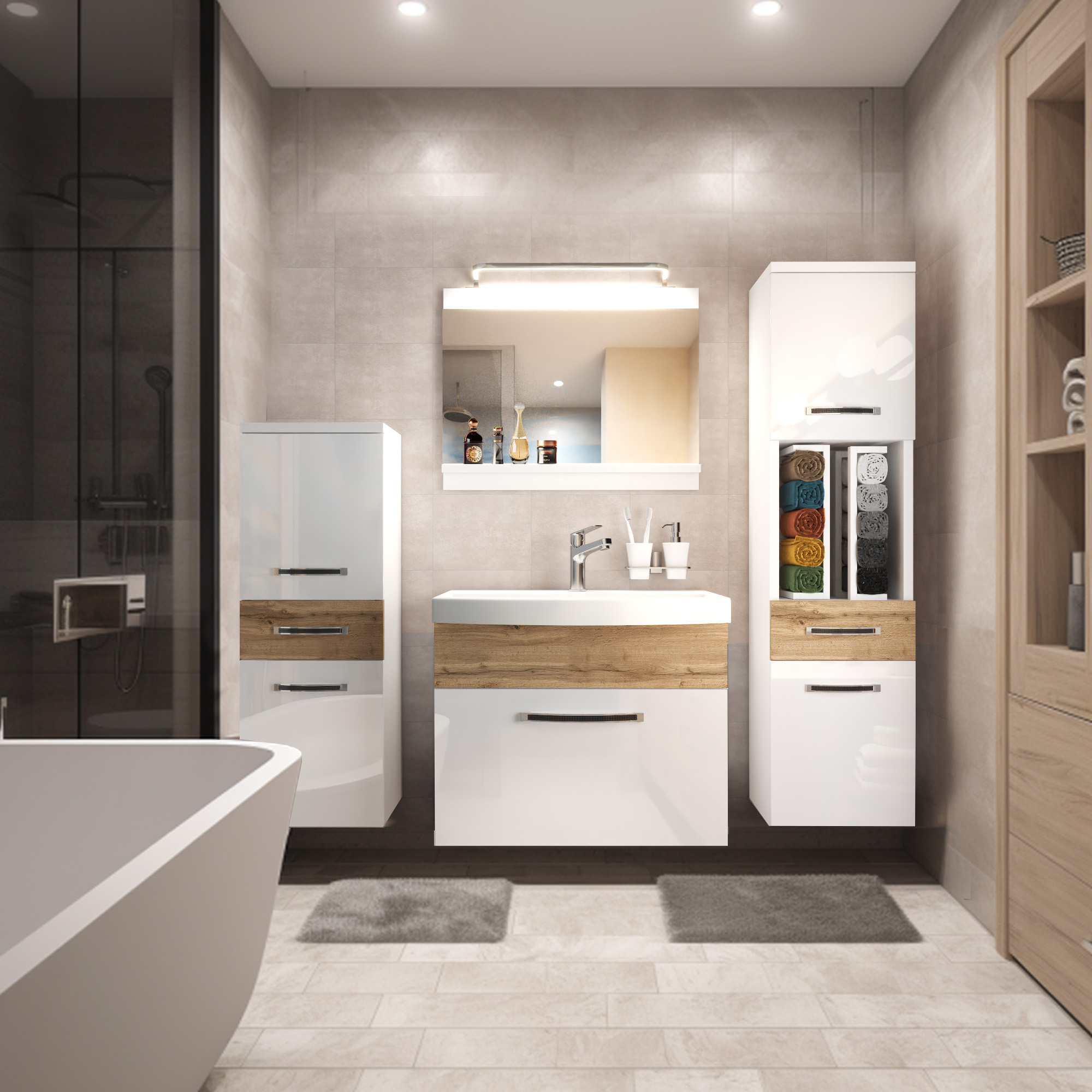 Bagno con mobili bianchi e legno chiaro