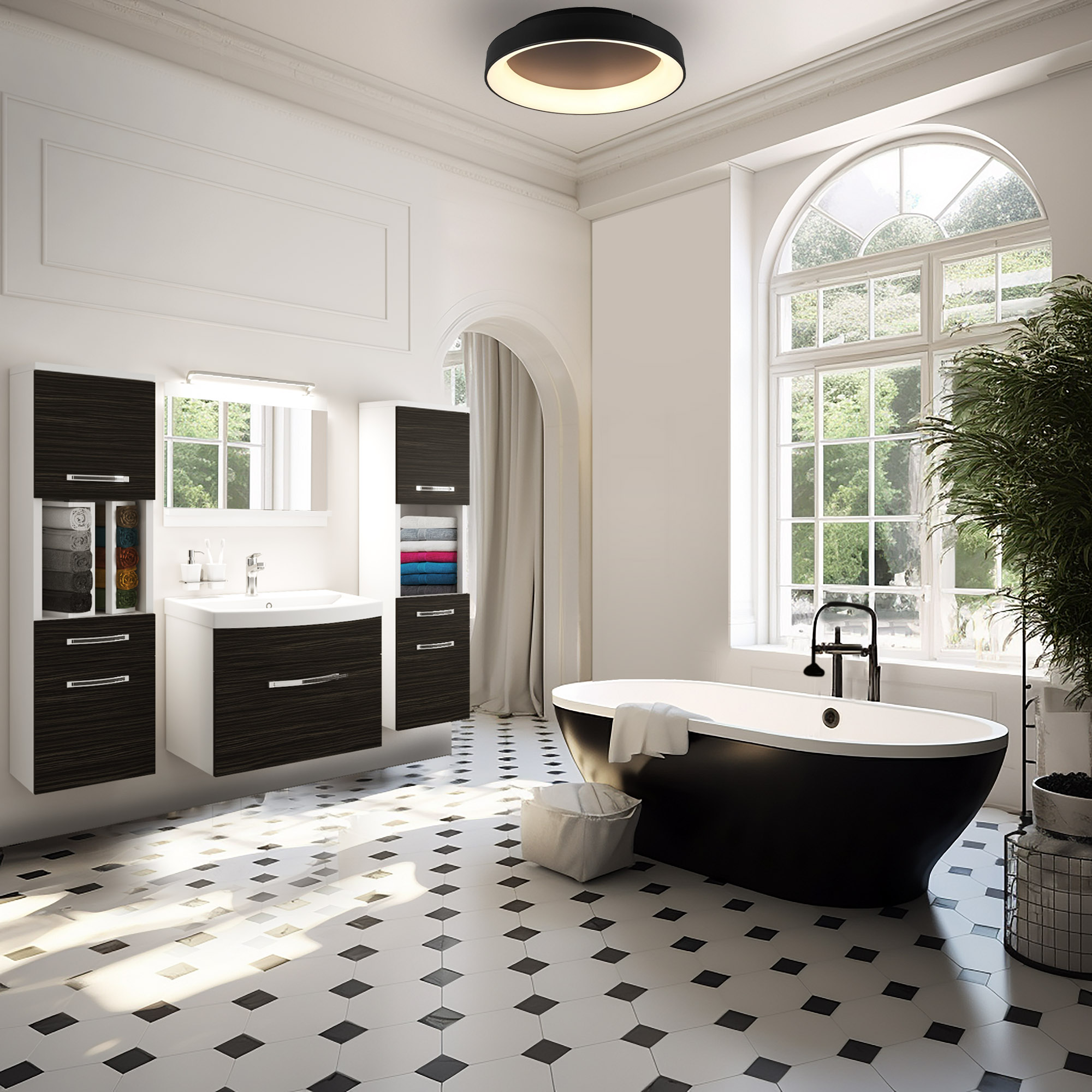 Bagno luminoso con vasca nera elegante