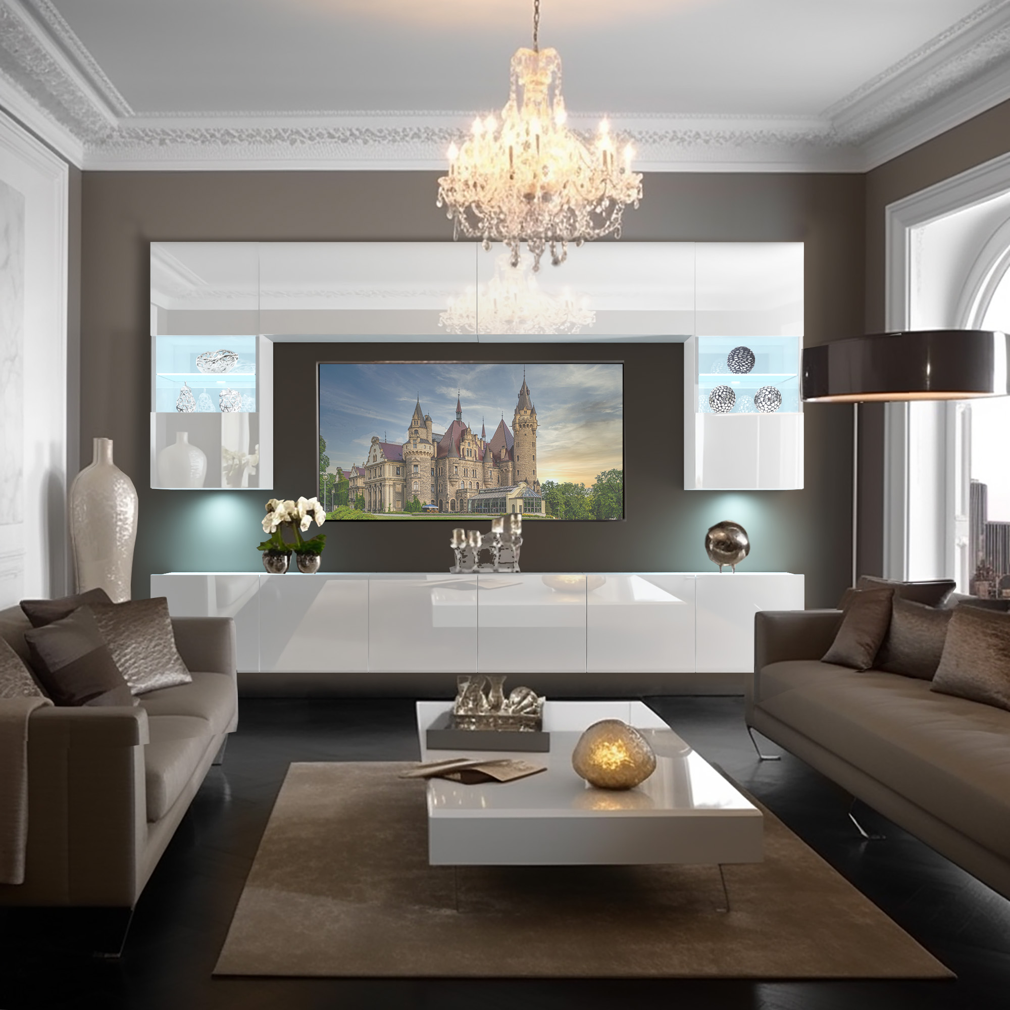 Soggiorno con parete TV e mobili eleganti