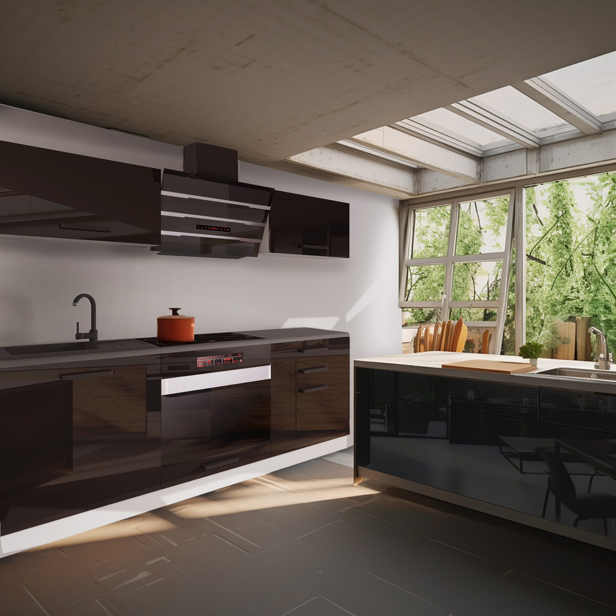 Cucina con vista panoramica e mobili in nero lucido