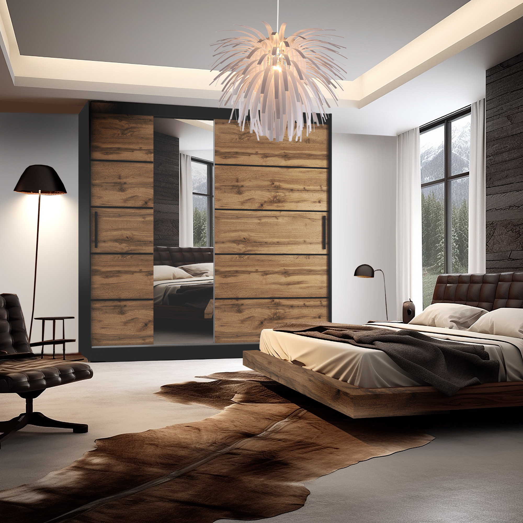 Camera da letto con letto in legno e armadio
