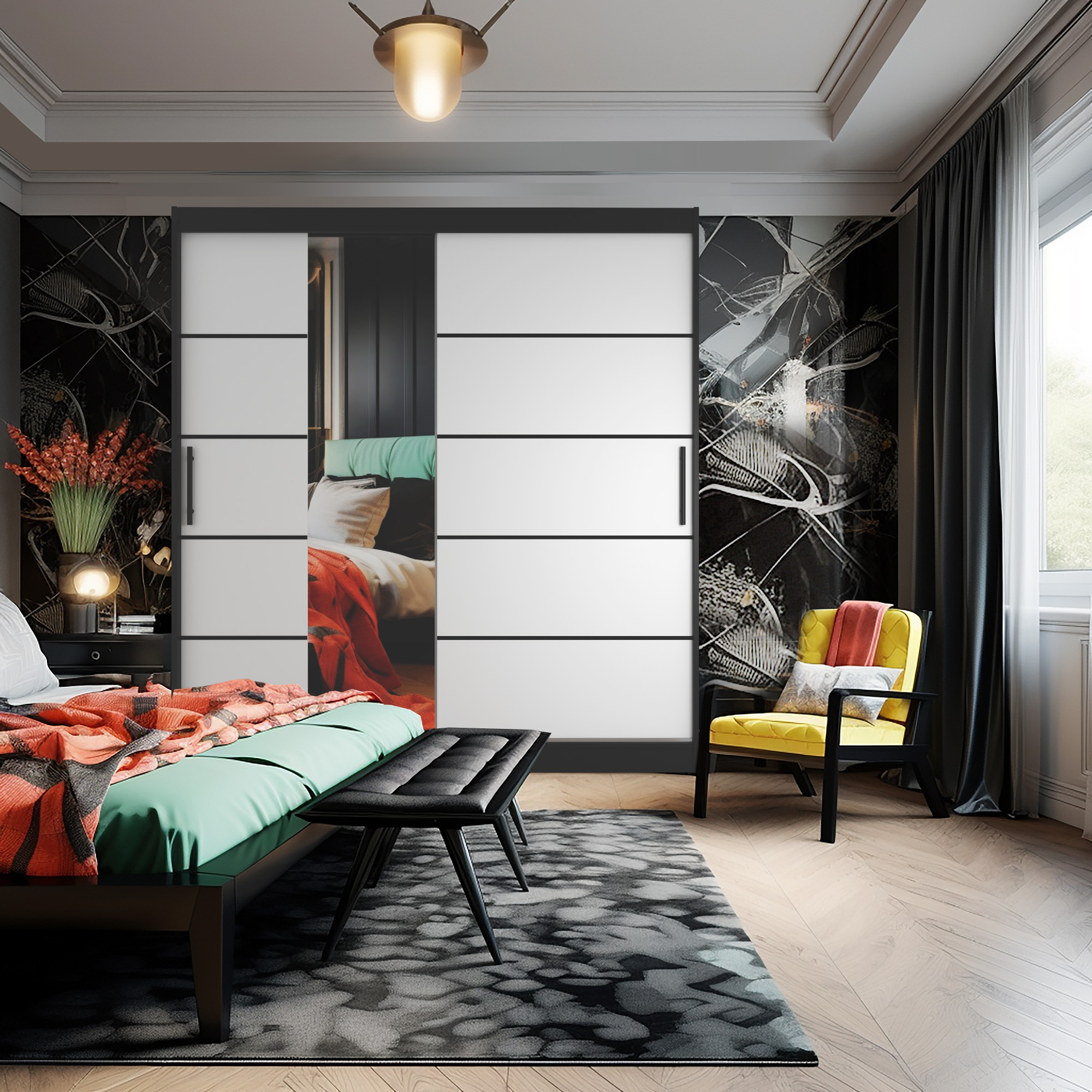 Camera da letto colorata con armadio e sedia gialla