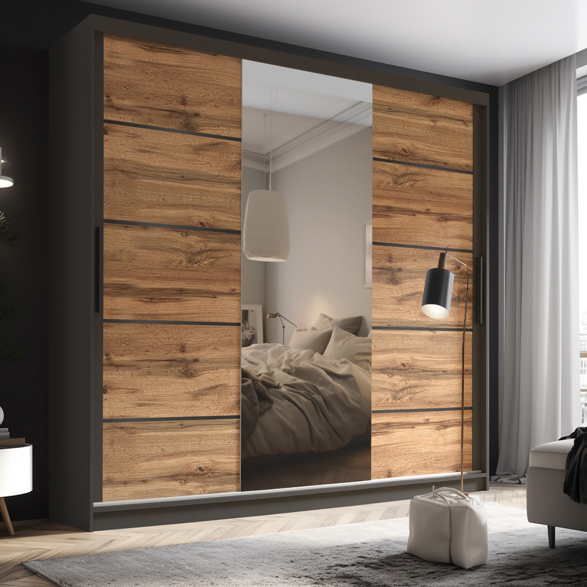 Camera da letto con armadio in legno e specchio