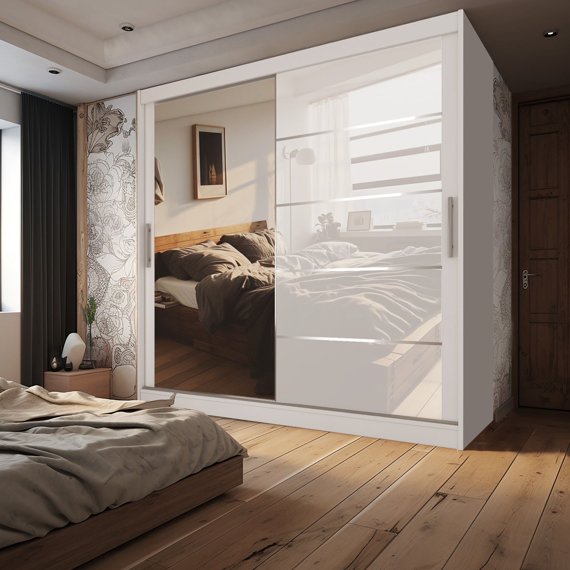 Camera da letto con letto in legno e armadio bianco