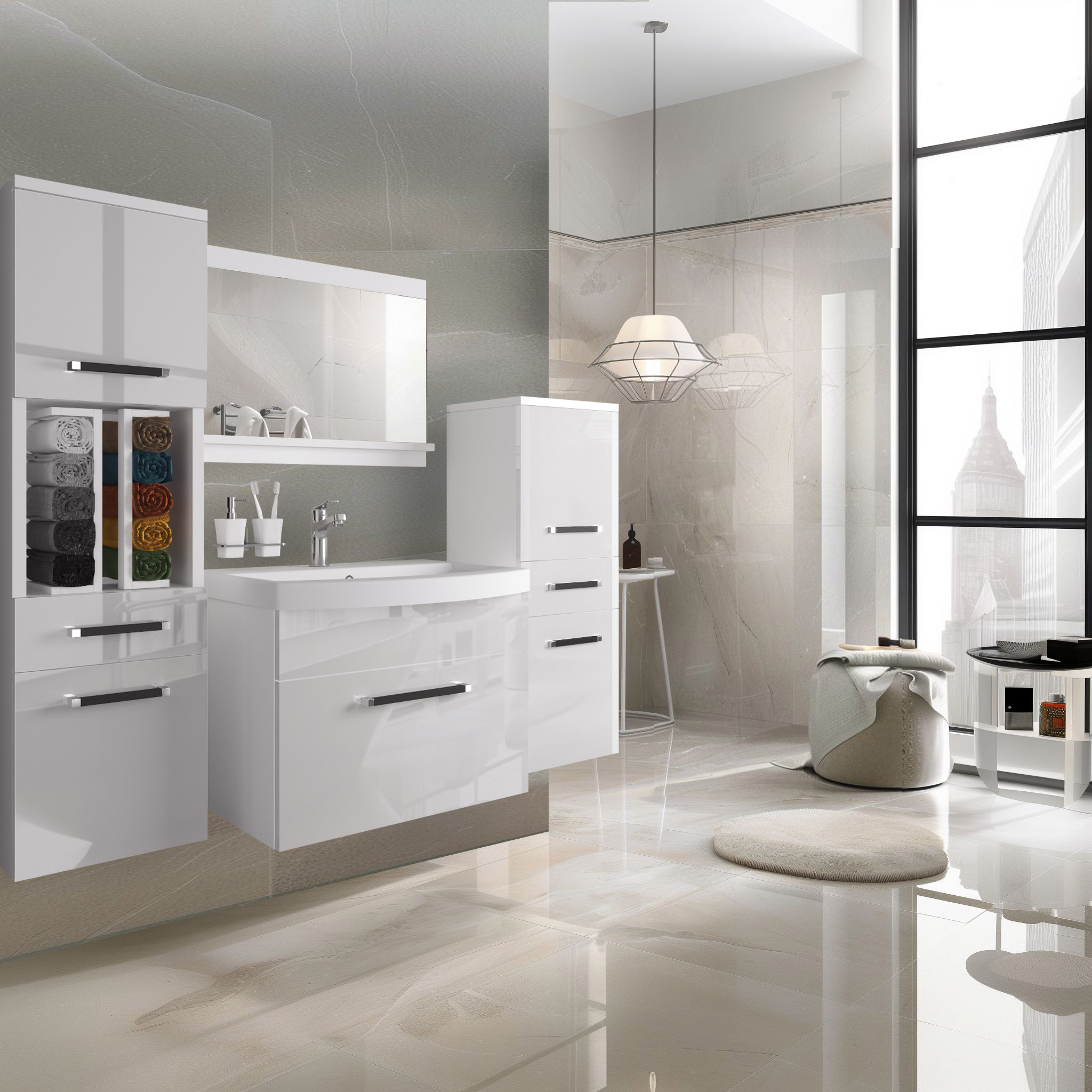 Bagno con mobili bianchi e specchio grande