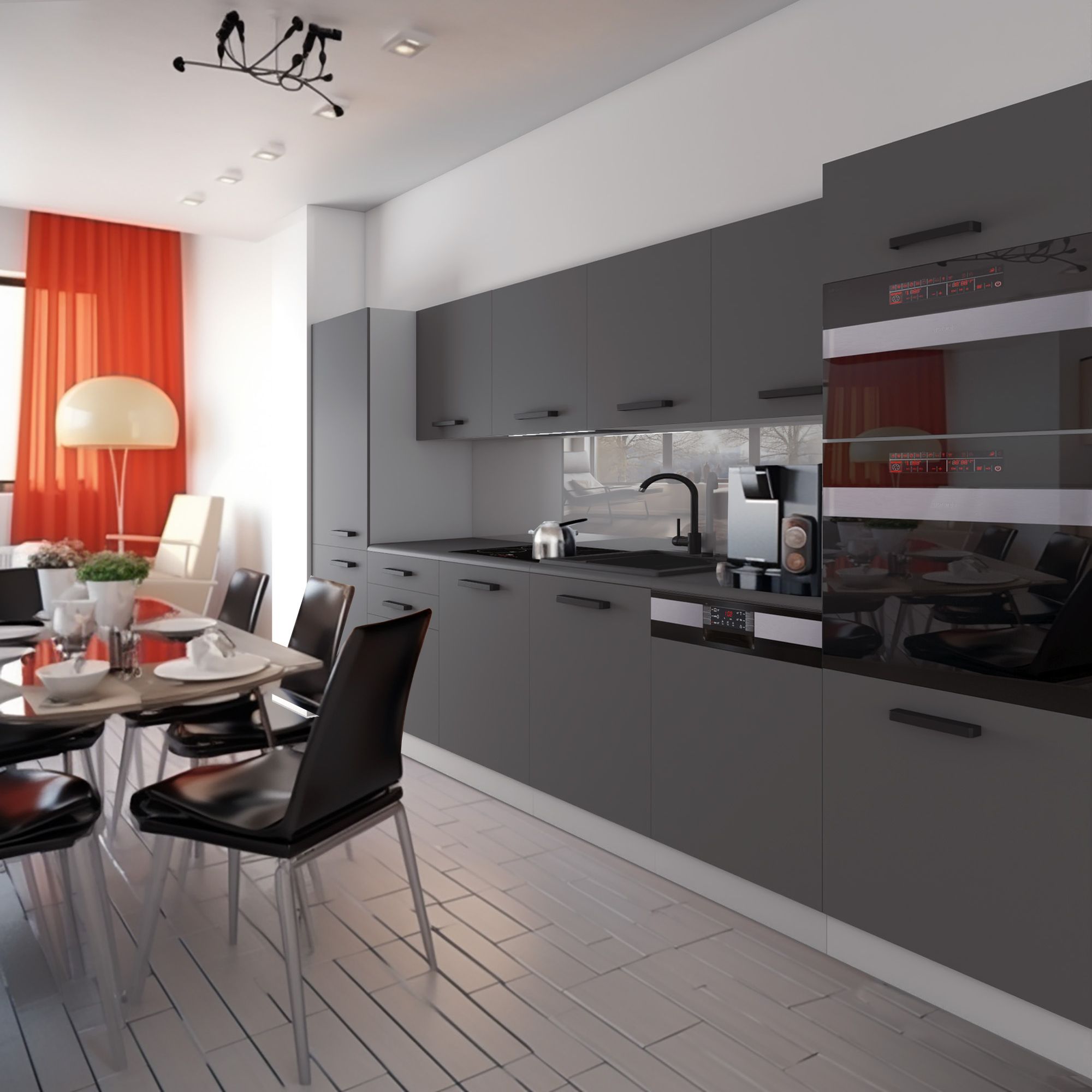 Design di una cucina grigia con dettagli cromatici
