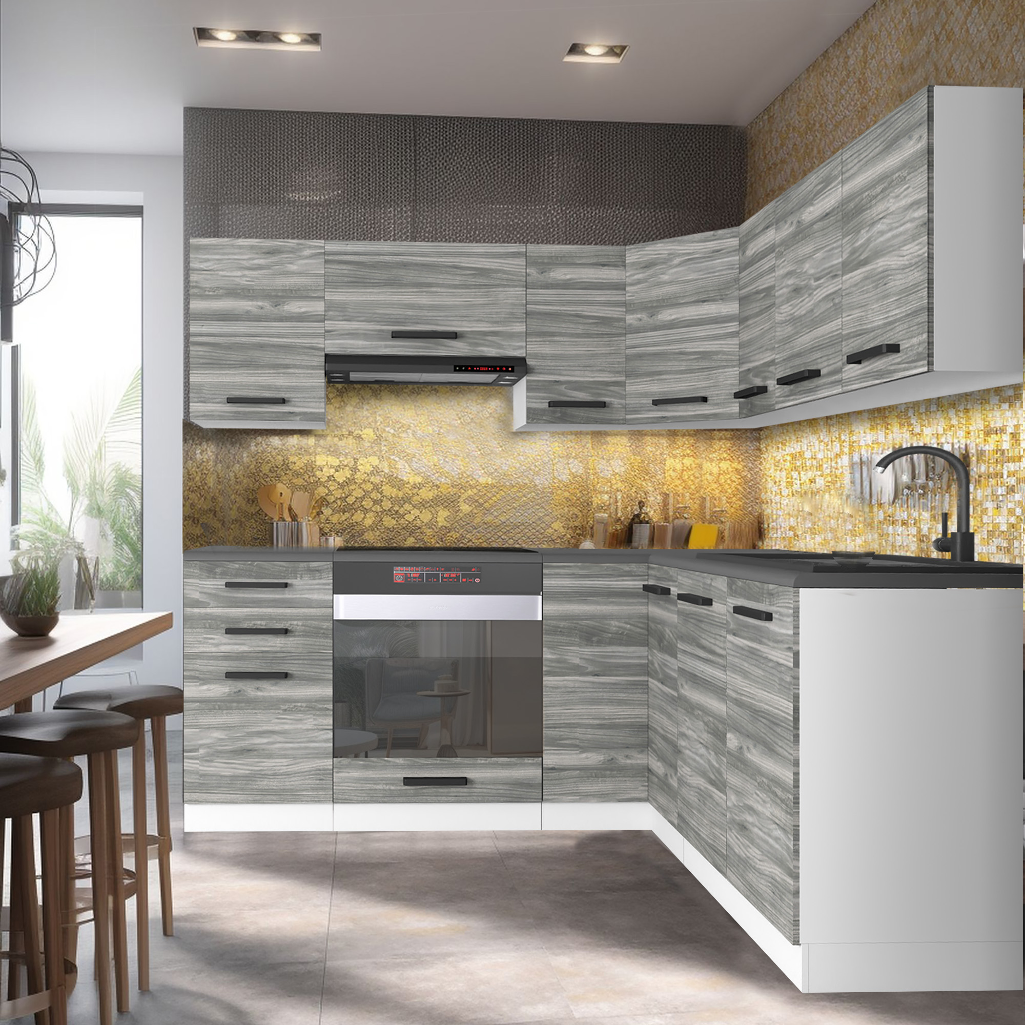 Cucina con mobili grigi e dettagli dorati
