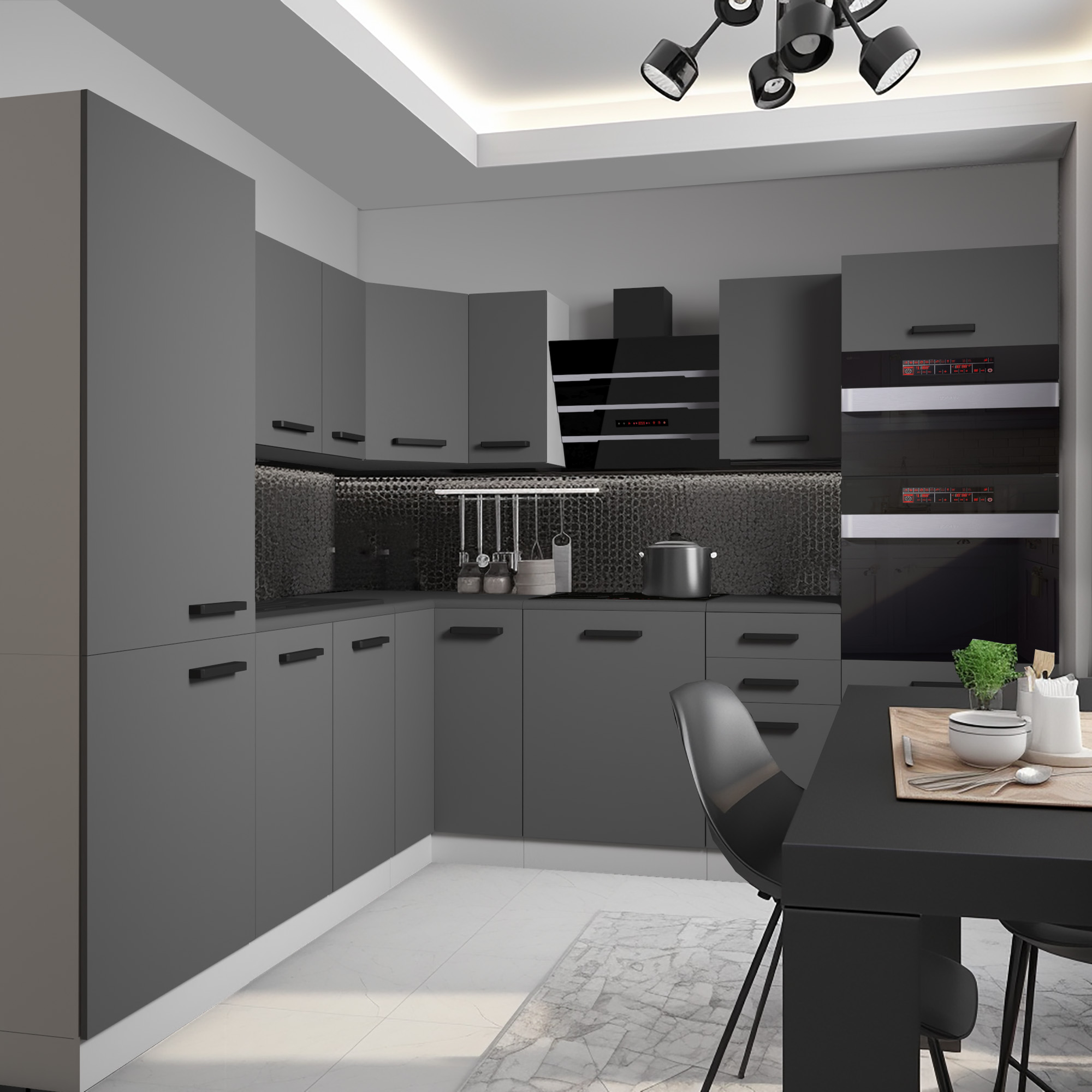 Cucina moderna con mobili grigi e tavolo da pranzo