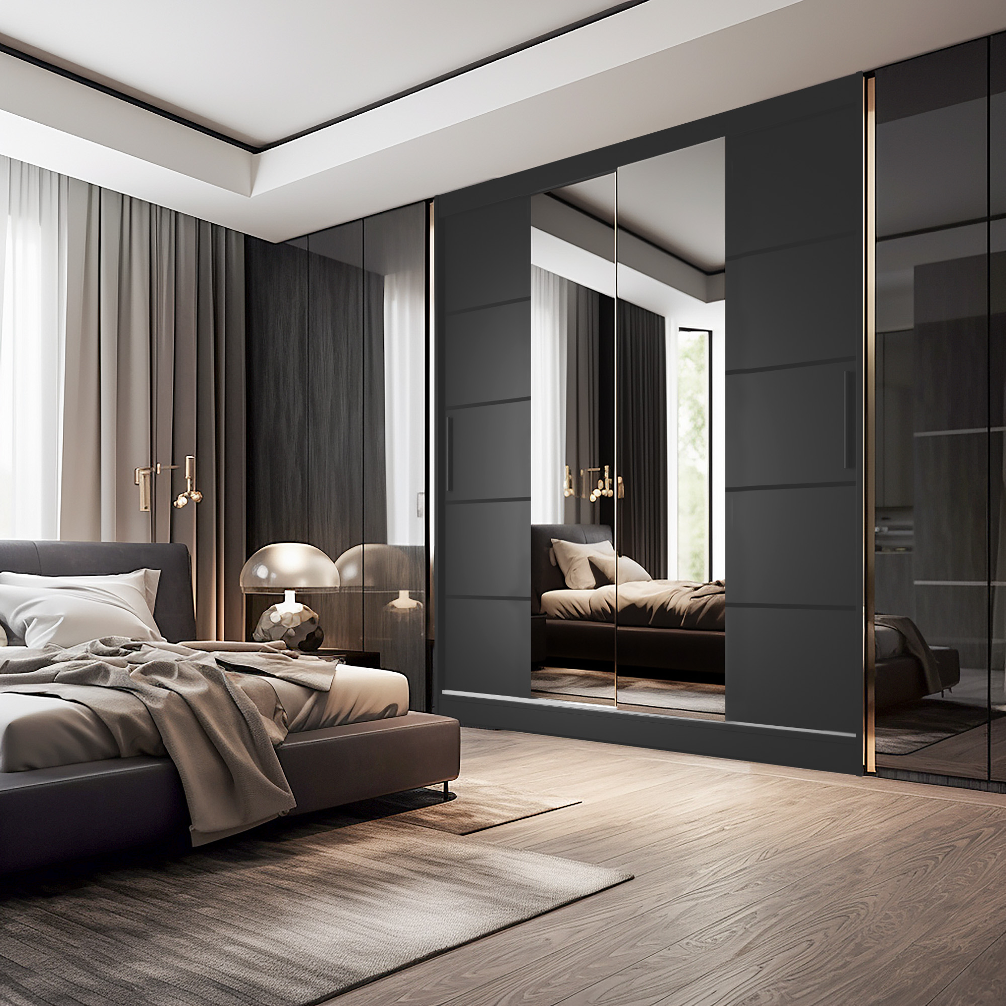 Camera da letto elegante con specchi a tutta altezza