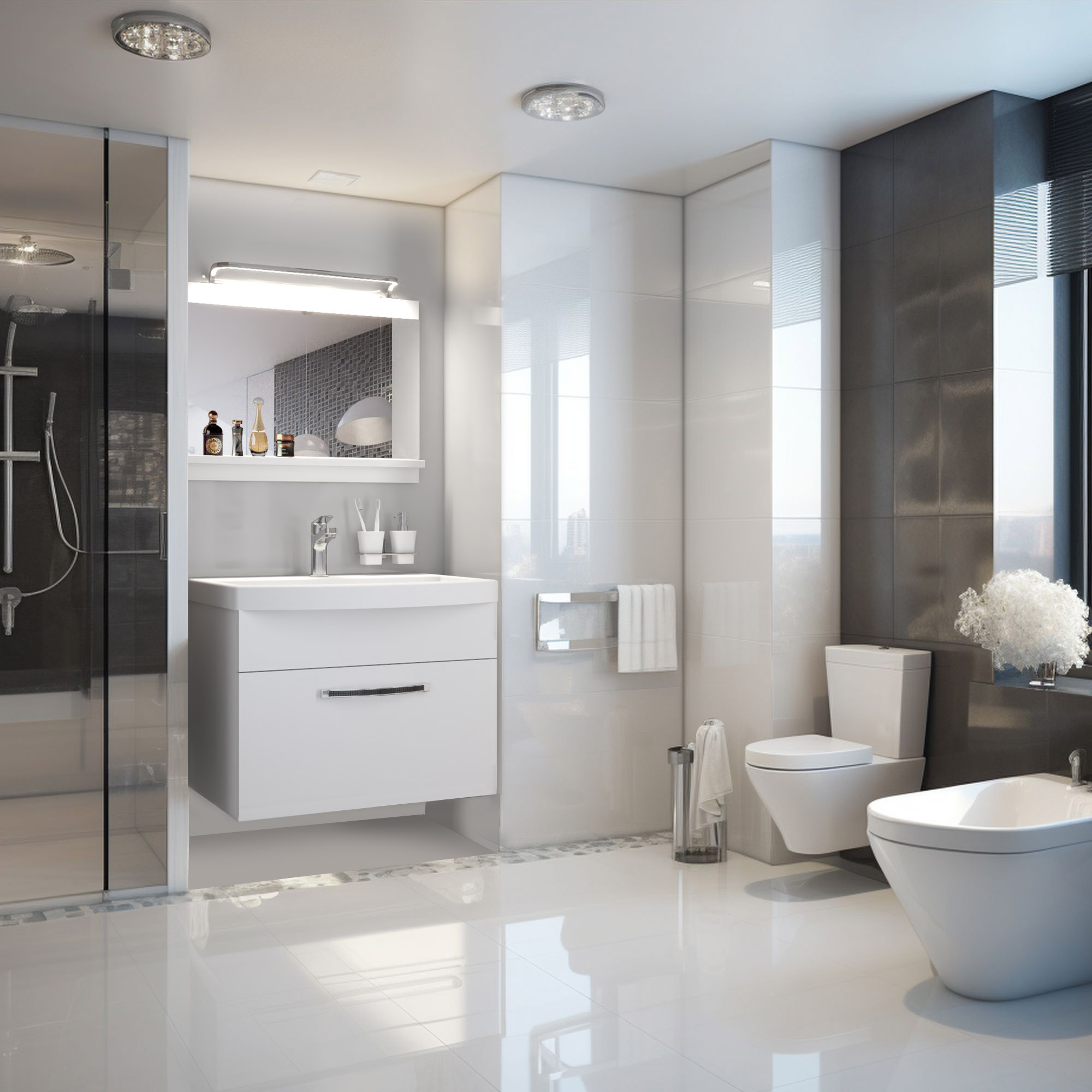 Bagno moderno con arredi bianchi e dettagli grigi