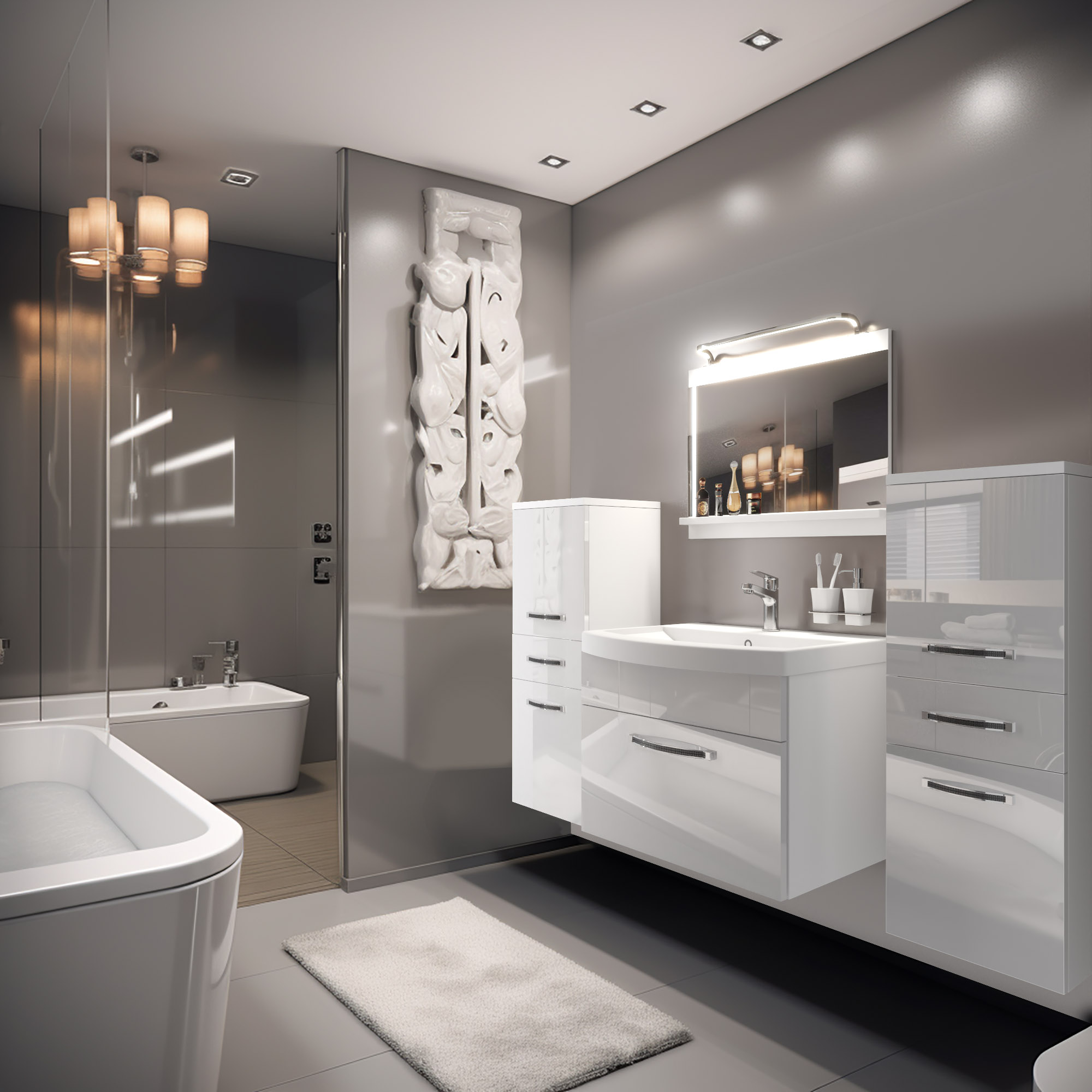 Bagno grigio con mobili bianchi lucidi e vasca