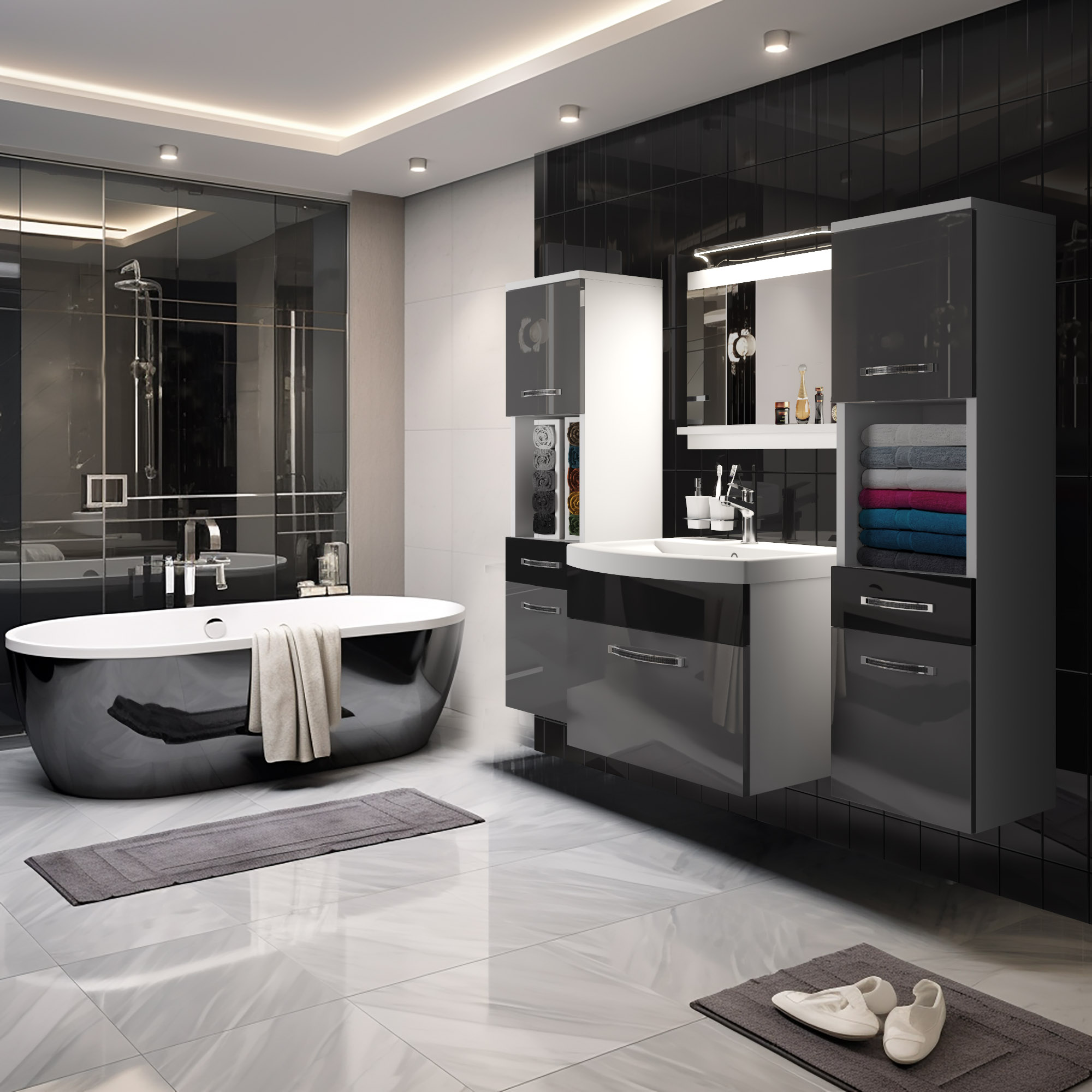 Bagno con vasca freestanding e mobili lucidi