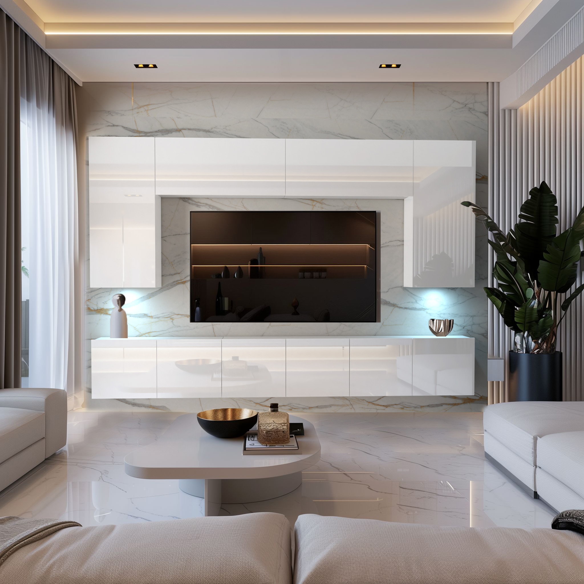 Soggiorno con parete TV bianca lucida e luce LED