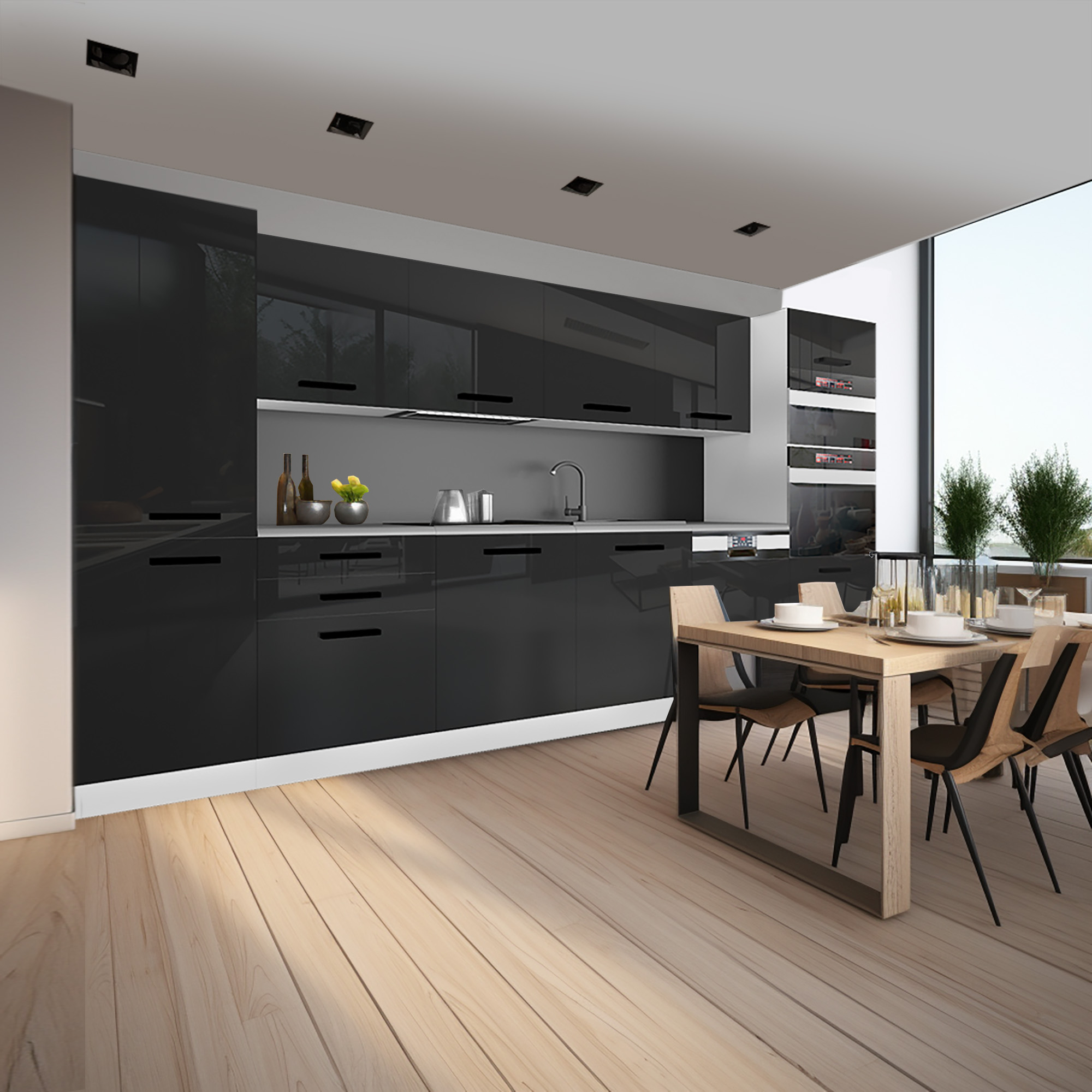 Cucina moderna con armadi neri lucidi e tavolo in legno