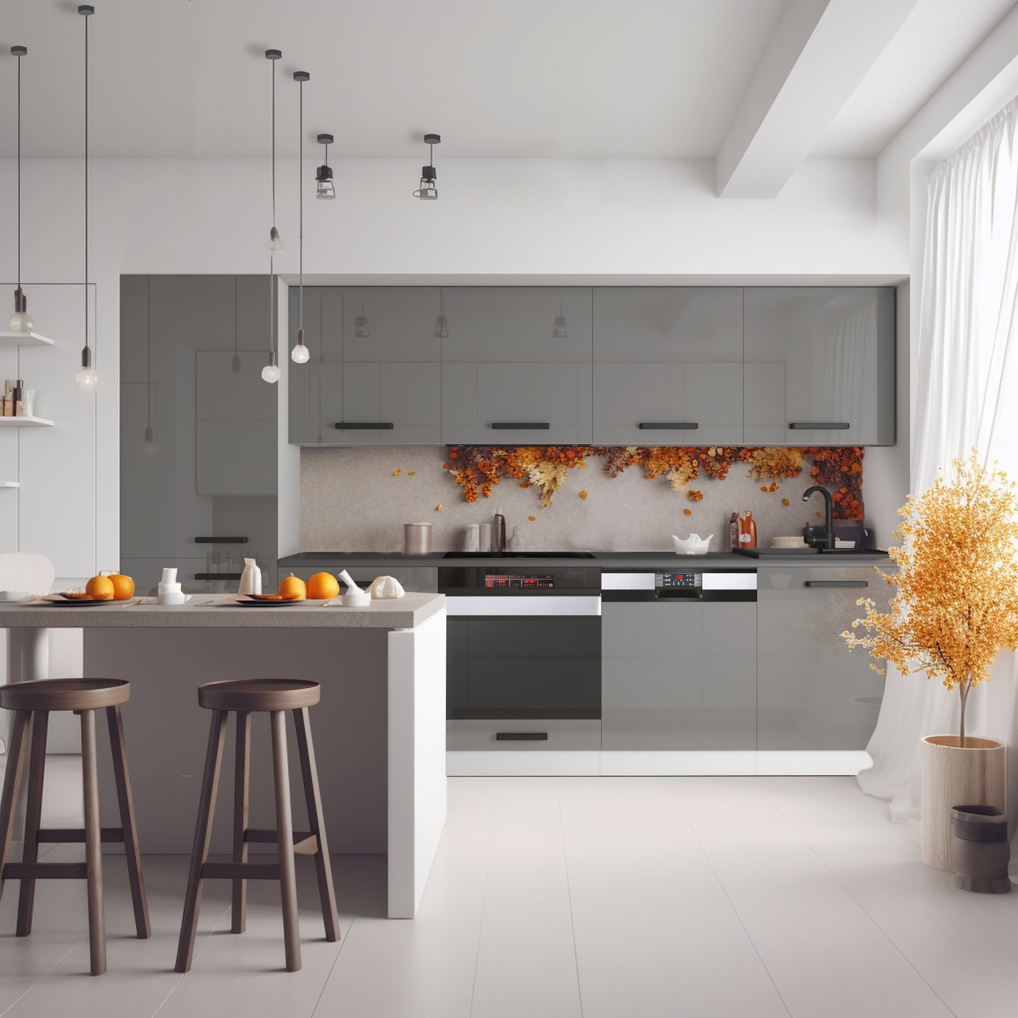 Cucina grigio lucido con isola e schienale autunnale