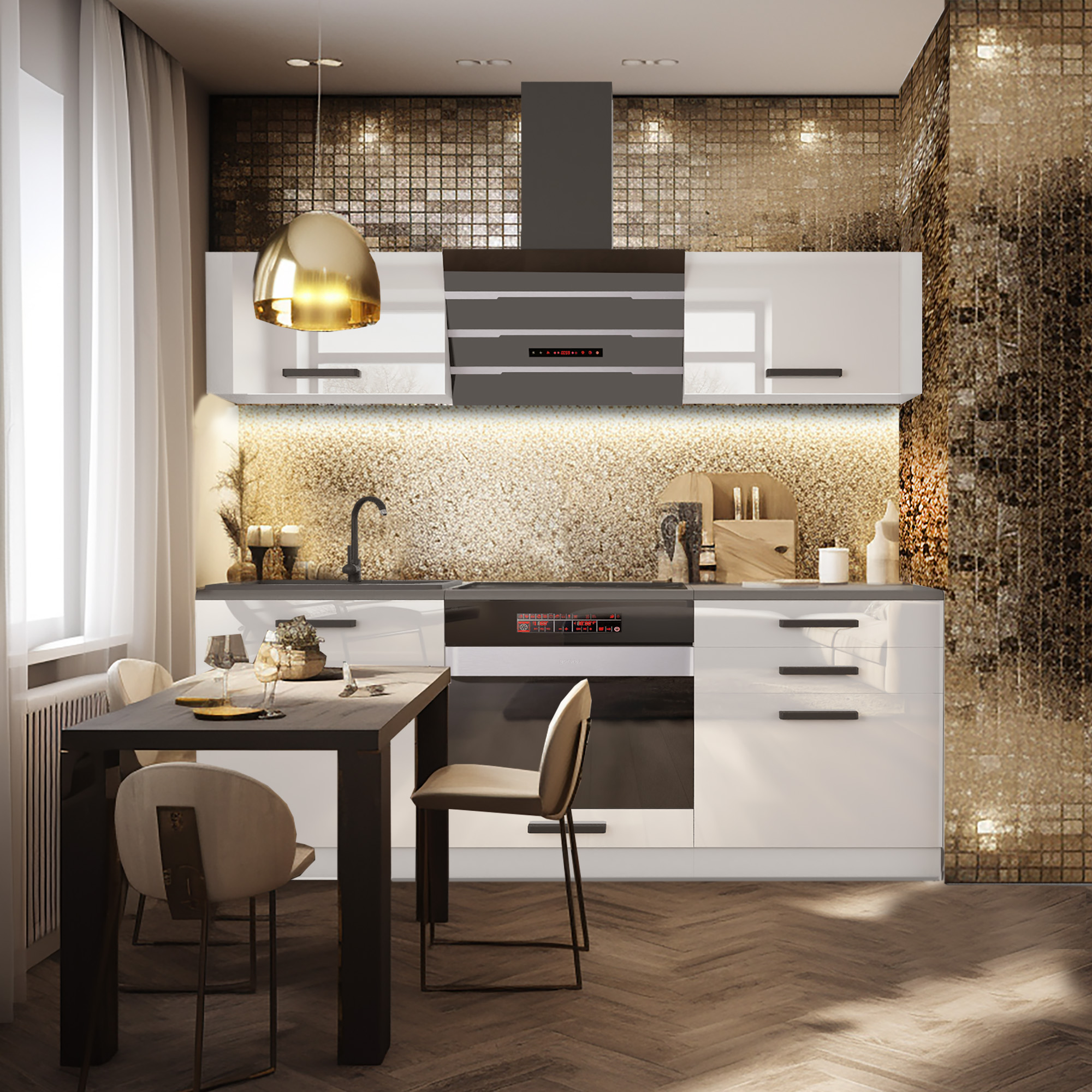 Cucina bianco antracite con mosaico dorato e lampada