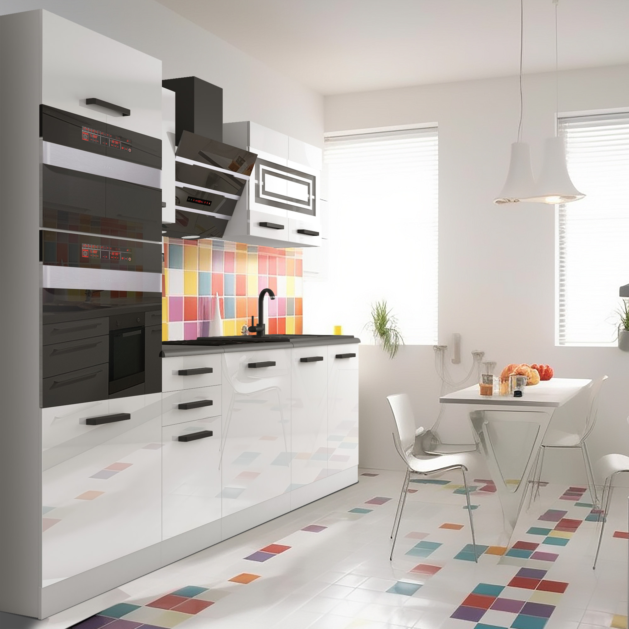 Cucina moderna con piastrelle colorate e mobili lucidi