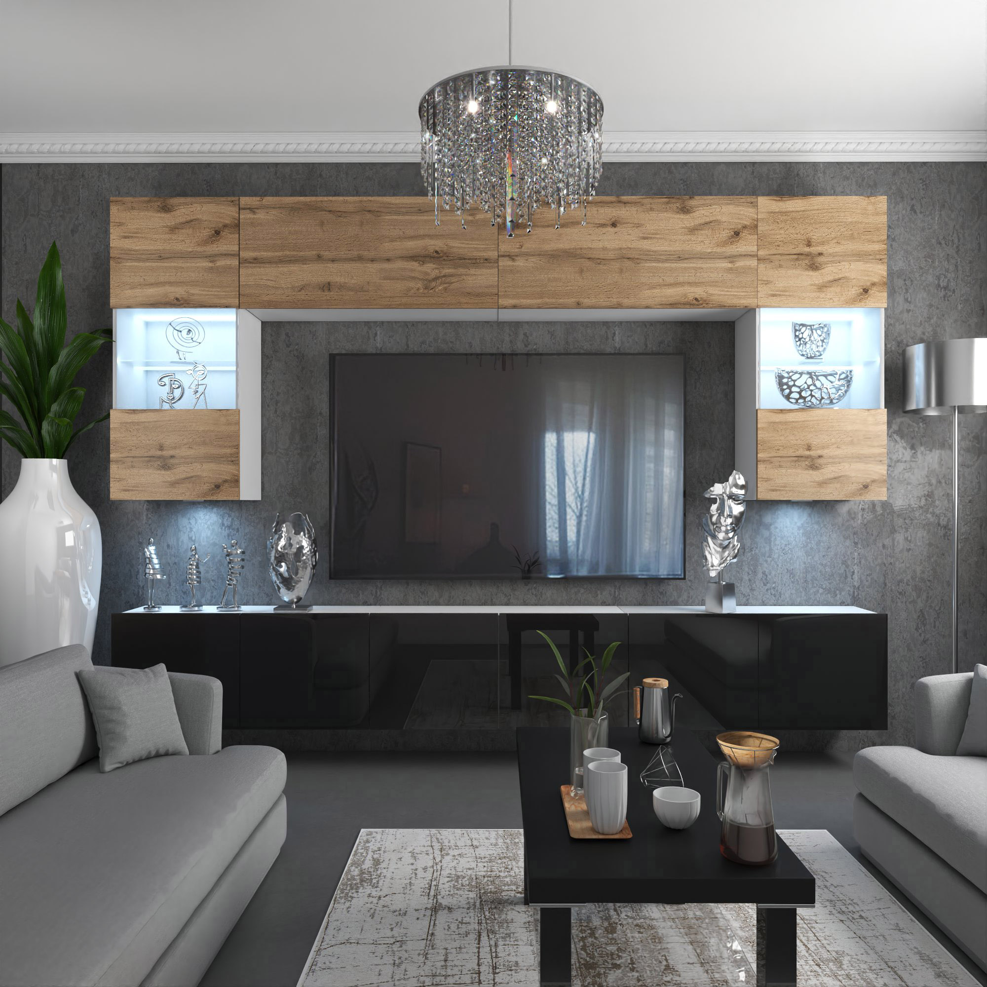 Parete attrezzata salotto rovere e nero con LED e TV