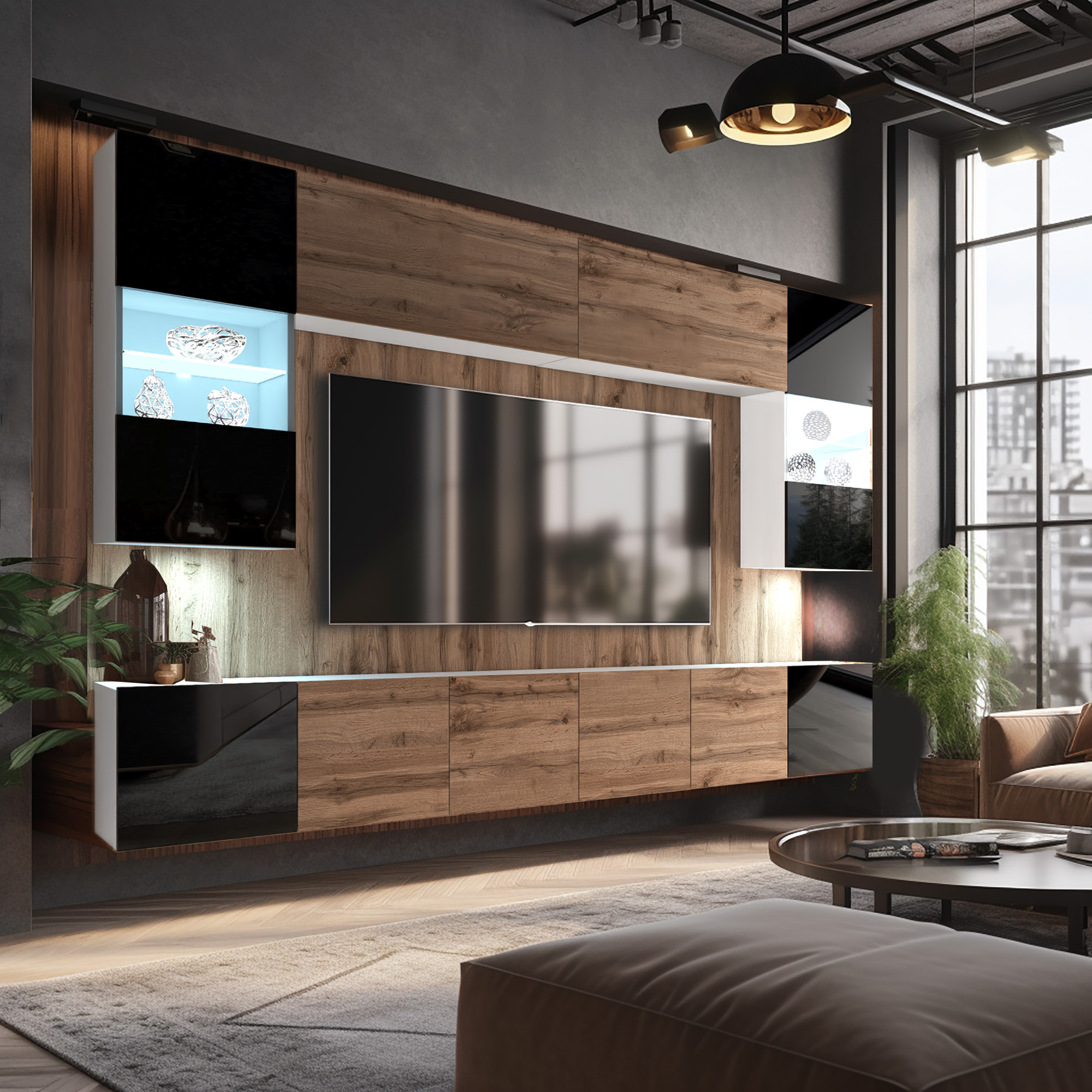 Parete TV sospesa in rovere e vetro in soggiorno loft
