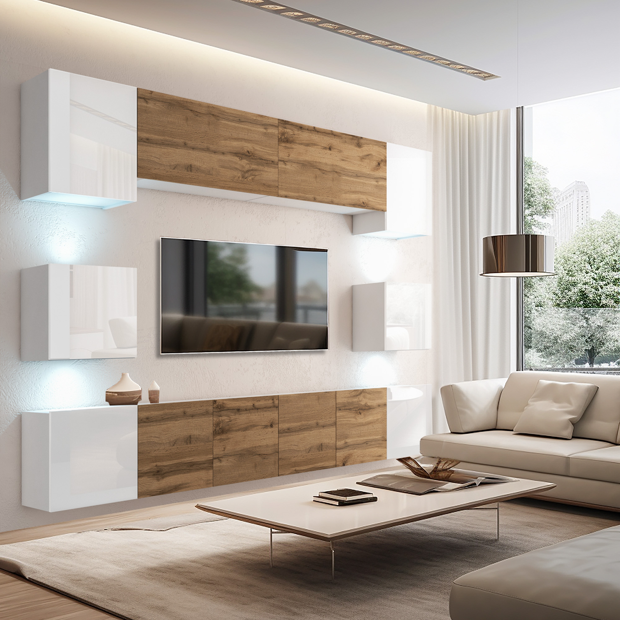 Soggiorno elegante con mobili bianchi e in legno