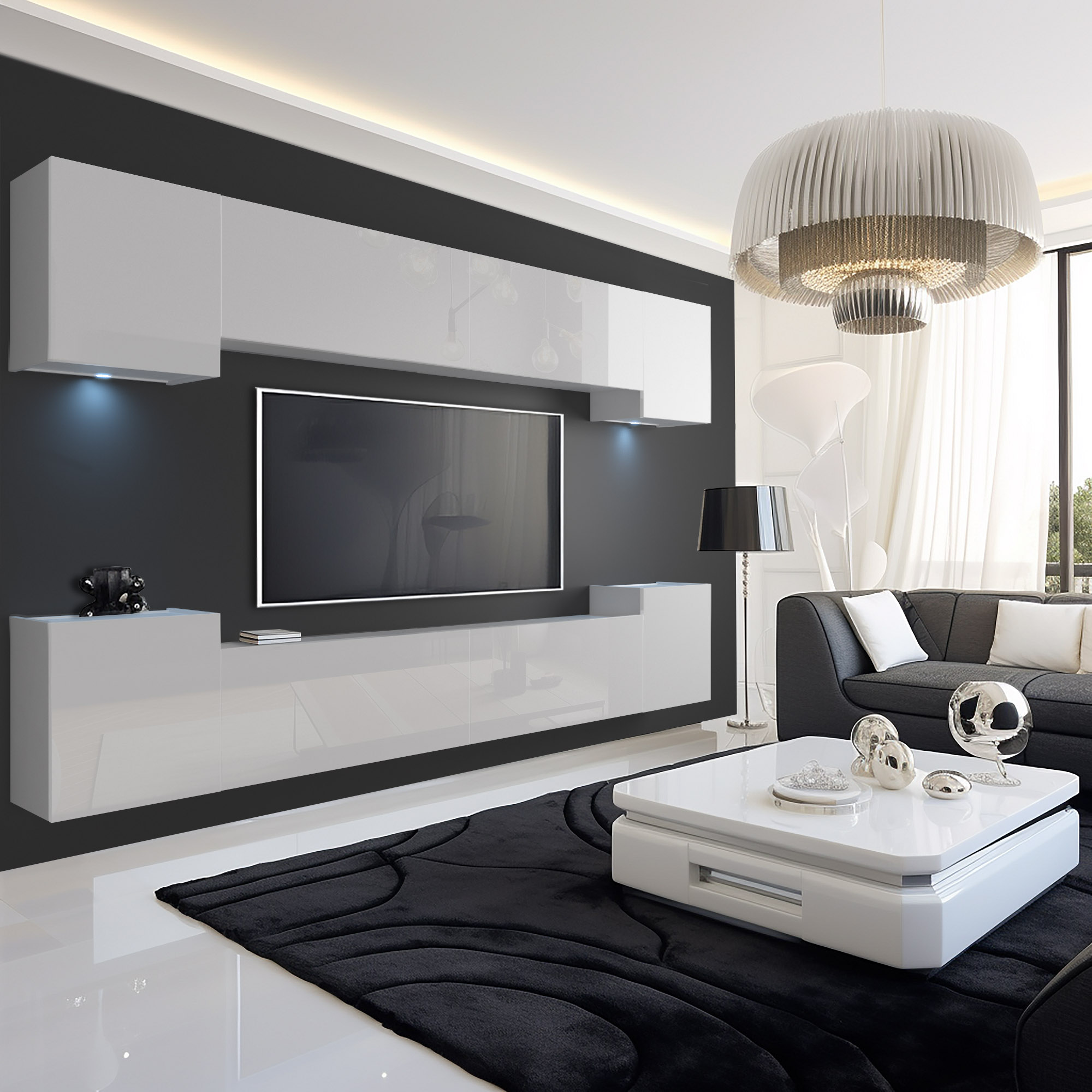 Salotto con mobili lucidi e decorazioni metalliche