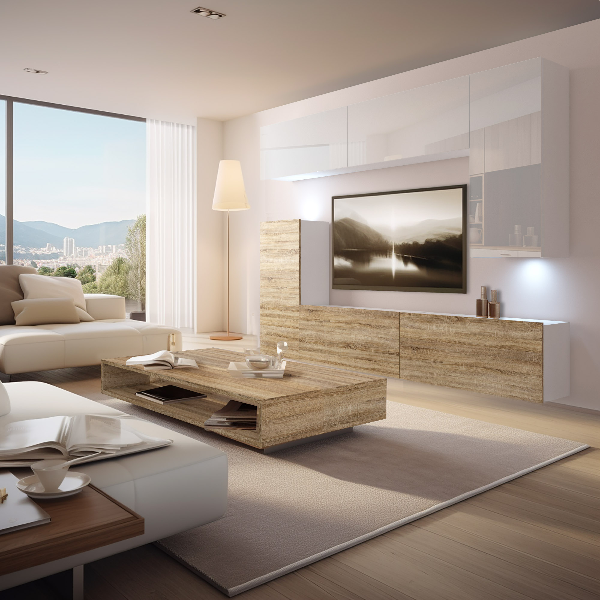 Salotto luminoso con parete TV e tavolino in rovere
