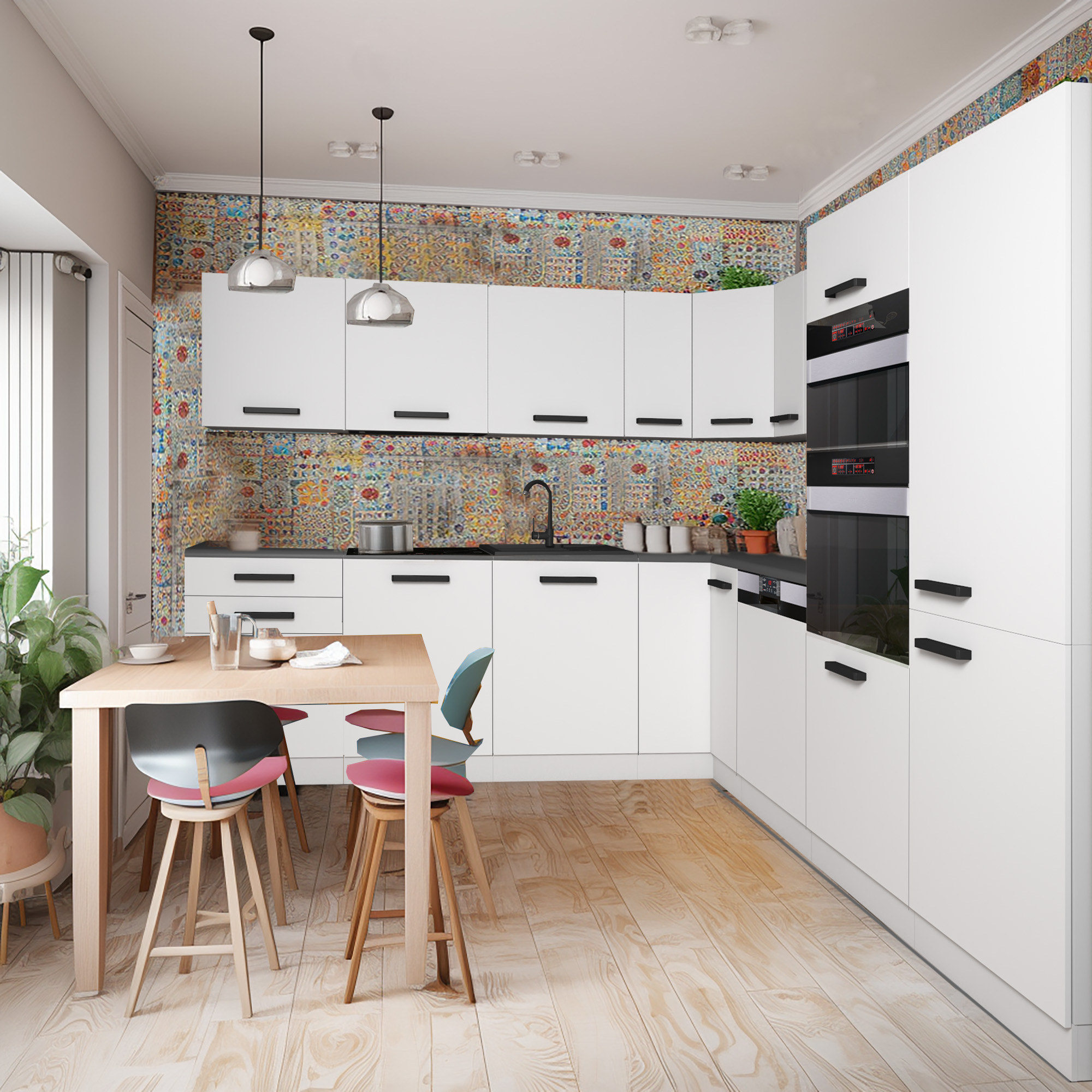 Cucina a U bianca con top nero e piastrelle patchwork